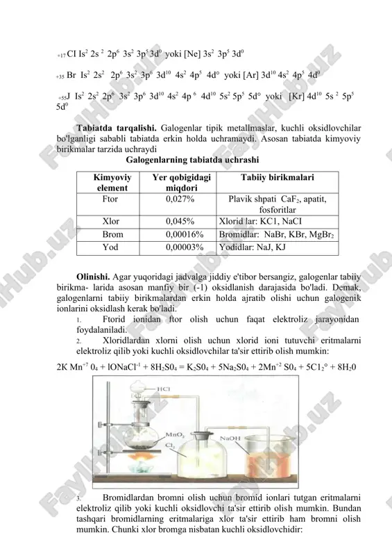 uchramaydi. asosan tabiatda kimyoviy birikmalar tarzida uchraydi galogenlarning tabiatda uchrashi kimyoviy element yer qobig�idagi miqdori tabiiy birikmalari ftor 0,027% plavik shpati � caf2, apatit, fosforitlar xlor 0,045% xlorid lar: kc1, naci brom 0,00016% bromidlar: nabr, kbr, mgbr2 yod 0,00003% yodidlar: naj, kj olinishi. agar yuqoridagi jadvalga jiddiy e'tibor bersangiz, galogenlar tabiiy birikma- larida asosan manfiy bir (-1) oksidlanish darajasida bo'ladi. demak, galogenlarni ta​biiy birikmalardan erkin holda ajratib olishi uchun galogenik ionlarini oksidlash kerak bo'ladi. 1. ftorid ionidan ftor olish uchun faqat elektroliz jarayonidan foydalaniladi. 2. xloridlardan xlorni olish uchun xlorid ioni tutuvchi eritmalarni elektroliz qilib yoki kuchli oksidlovchilar ta'sir ettirib olish mumkin: 2k mn+7 04 + lonacl-1 + 8h2s04 = k2s04 + 5na2s04 + 2mn+2 s04 + 5c12° + 8h20 3. bromidlardan bromni olish uchun bromid ionlari tutgan eritmalarni elektroliz qilib yoki kuchli oksidlovchi ta'sir ettirib olish mumkin. bundan tashqari bromidlarning eritmalariga xlor ta'sir ettirib ham bromni olish mumkin. chunki …