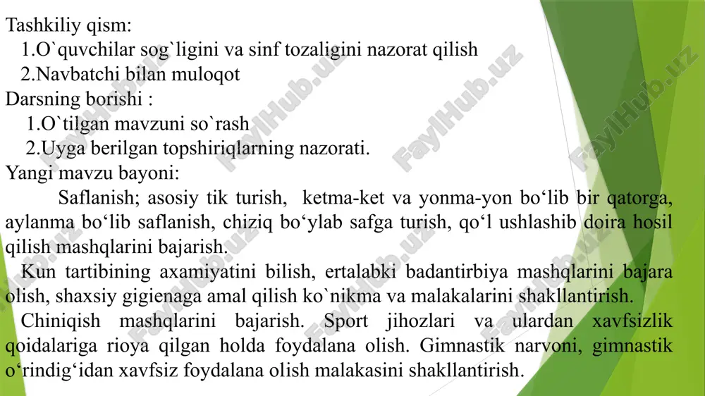 boshnio’rtachatezlikdaaylantiramiz tizzalarni bukmasdan o’rtacha tezlikda aylantiramiz mashqlar to’liq va anik bajarilishi kerak oyoqlarni yerdan kutarmasdan bajaramiz oyoqlarni birlashtirgan xolatda balandga ko’tarish asosiy qism.25-28 minut. yengil atletika..a) saf mashqlari: “saflaning!”, “tekkislaning!”, “rostlaning!” buyruqlarini bajarish;b) qomatni har xil holatda harakatlanirib yurish; v) turgan joydan uzunlikka sakrashni o’rgatish (depsinish, uchish, qo’nish);d) 3x10 mokkisimon yugurish;e) tennis to’pini uzoqlikka uloqtirishni takrorlash; f) 100-150 metrga yurish bilan almashinib yugurish. 5-8 min. 5-8 min. 10-15 daq yakunlov qismi 3-5 minut oxista yugurish qayta saflanish. 3-5 daq o’kuvchilarni ragbatlantirish,yutuq va kamchiliklarini ko’rsatib o’tish,xayrlashish. “ yangi mavzuni mustahkamlash: o‘quvchilarning salomatligini saqlash, ularning jismonan etuk bo‘lib etishishlari uchun shart-sharoitlar yaratish va mashg‘ulotlarda xavfsizlik qoidalariga rioya qilish ko‘nikmalarini shakllantirish. o`quvchilar bilimini baholash: 5 ballik tizimda o`quvchilar bilimini baholash uyga vazifa :mavzuga oid masqlarni bajarib kelish. 6 image1.jpeg /docprops/thumbnail.jpeg