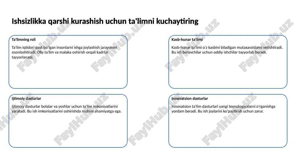 a ega bo'lishlari mumkin. ishsizlikdan zarar ko'rganlarga yordam berish uchun dasturlarni tashkil eting ulgurji ish o'rinlari mahalliy tarmoqlarda ulgurji ish o'rinlari yaratish bo'yicha dasturlar ishlab chiqilishi juda muhim bular faoliyatni kengaytiradi va ish o'rinlari sonini oshiradi. ishsizlikdan zarar ko'rganlarga yordam berish uchun dasturlarni tashkil eting psixologik yordam ishsizlikdan zarar ko'rganlarga psixologik yordam ko'rsatish dasturlari ishlab chiqilishi lozim bu yordam ruhiy holatni yaxshilash va ijtimoiy muhitga moslashuvni osonlashtiradi. 6 ishsizlikni kamaytirish uchun malaka oshirish kurslarini o'tkazing malakani oshirishning ahamiyati malaka oshirish kurslari ishchilarga yangi ko'nikmalarni egallash va professional darajalarni oshirish imkonini beradi ishsizlikni kamaytirish uchun malaka oshirish kurslarini o'tkazing ishsizlikni kamaytirish strategiyalari malaka oshirish orqali ishchilar o'z kasbiga mos ko'nikmalarga ega bo'lib, bo'sh ish o'rinlariga imkoniyatlarini oshiradi ishsizlikni kamaytirish uchun malaka oshirish kurslarini o'tkazing kurslar qanday tashkil etiladi malaka oshirish kurslari amaliy va nazariy mashg'ulotlar bilan birgalikda, mutaxassislar tomonidan o'tkaziladi ishsizlikni kamaytirish uchun malaka oshirish kurslarini o'tkazing 7 yoshlar uchun ishga …