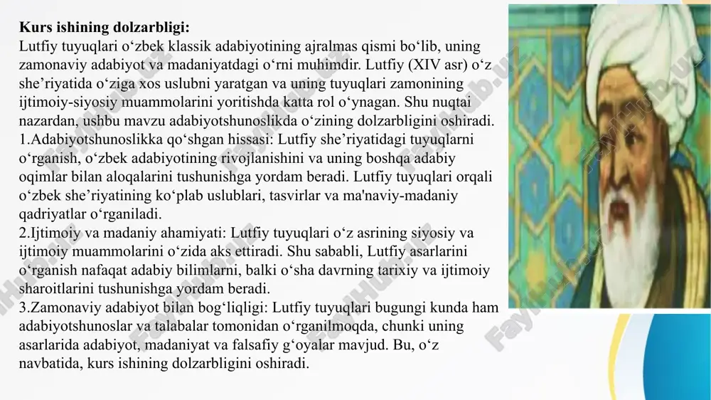 ini kurib chiqadigan bo’lsak: jon desang, jonon ichra jonim bor, jonim esa, ishq aro jononimni jonimga jonim esa. ko‘ngli qon aylag‘ayki, ko‘rmasalar birla bir, ko‘nglum ichra yuz ko‘ngilning qon-qonim esa. ushbu tuyuqda ishqiy va tasavvufiy mazmunlar uyg‘unlashgan. misralar o‘rtasida ichki ritm va qafiya tizimi tuyuqqa xos badiiylikni yanada kuchaytiradi. lutfiy tuyuqlari o‘z davrining eng yuqori badiiy namunalaridan hisoblanadi. ular nafaqat go‘zal she’riyat namunasi, balki insonni chuqur mulohaza qilishga undovchi asarlardir. shoir tuyuqlari orqali ishq, axloq va irfon masalalariga o‘ziga xos yondashuvni namoyon qilgan. lutfiy tuyuqlarining mavzusi juda keng ko'lamlidir. ular insonning ichki dunyosi, hayotning murakkabliklari va jamiyatning turli jihatlarini o'z ichiga oladi: 1.sevgi va sadoqat: ◦ lutfiy tuyuqlari sevgi va sadoqatning turli jihatlarini yoritadi. u sevgining go'zalligi va qiyinchiliklarini, sadoqatning qiymati va fidoiyligini tasvirlaydi. ◦ shoir o'z asarlarida sevgining chuqur his-tuyg'ularini, yor bilan muloqot va unga bo'lgan intilishlarini ifodalaydi. 2.hayot va qismat: ◦ lutfiy hayotning murakkabligi va qismatning o'zgaruvchanligini falsafiy …