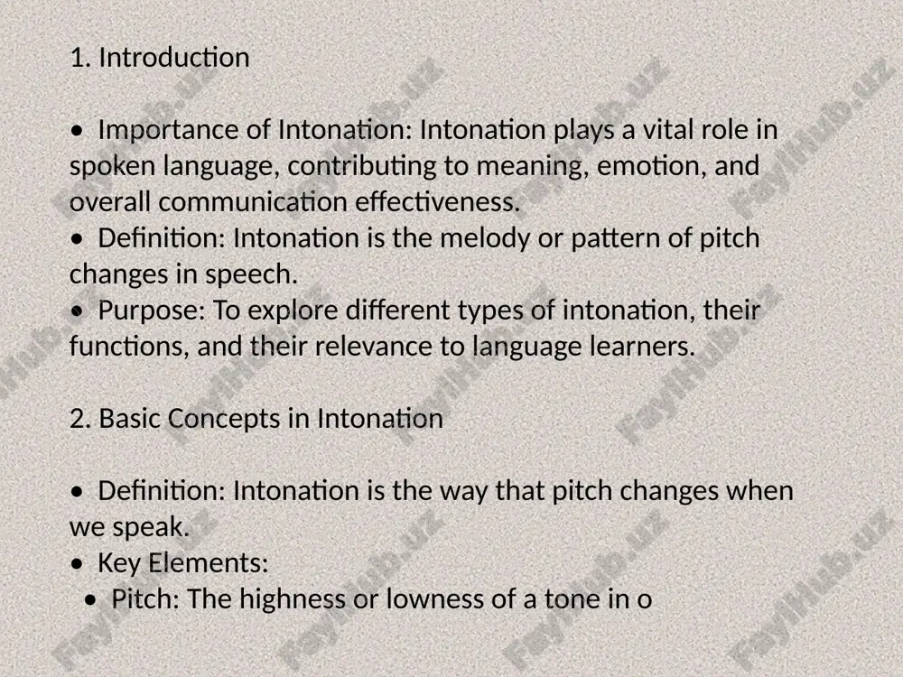 ing, since it contributes to the overall clarity and effectiveness of spoken language. use audio examples to illustrate different intonation patterns. • include visual aids such as intonation contours. • define all key terms clearly. • encourage active practice of the intonation patterns. • connect concepts to practical language learning and communication situations. image2.jpeg image3.jpeg image4.jpeg image1.jpeg /docprops/thumbnail.jpeg