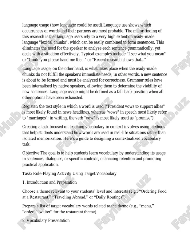 anguage is used) and language usage (how language could be used).language use shows which occurrences of words and their partners are most probable. the major finding of this research is that language users rely to a very high extent on ready-made language "lexical chunks", which can be easily combined to form sentences. this eliminates the need for the speaker to analyse each sentence grammatically, yet deals with a situation effectively. typical examples include "i see what you mean" or "could you please hand me the..." or "recent research shows that..." language usage, on the other hand, is what takes place when the ready-made chunks do not fulfill the speaker's immediate needs; in other words, a new sentence is about to be formed and must be analyzed for correctness. grammar rules have been internalised by native speakers, allowing them to determine the viability of new sentences. language usage might be defined …