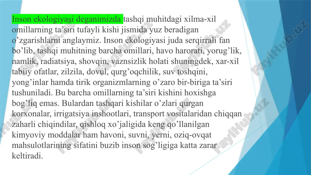 gen: hayvonlar 3. orografik: relyef, dengiz sathidan baland yoki pastligi, qiyalik darajasi mikrobogen: viruslar, soddahayvonlar, bakteriyalar, mikroorganizmlar 4. kimyoviy: havoning kimyoviy tarkibi, suv sho’rligi, konsentrasiya, kislotalik va eritmalar tarkibi antropogen: inson faoliyati inson salomatligiga atrof-muhit salbiy ta'sir uy-joy massivlarida yaqin joylashgan sanoat korxonalari, tufaylidir. odatda, zararli chiqindilari bu kuchli manbalari. havoda har kuni gazsimon moddalarning turli xillari mavjud . bu zaharli bo'lishi mumkin uglerod, oltingugurt, azot, uglevodorodlar, qo'rg'oshin birikmalar, chang, krom, asbest bir oksidi bo'lib, tana (organlari ta'sir nafas shilliq pardalar, ko'rish va hid) bilish a’zolariga tasir etadi. ifloslangan ichimlik suvi, yurak-qon tomir va buyrak patologiyasini, turli kasalliklarni odamlarda rivojlanishiga xizmat qilmoqda. inson salomatligi atrof-muhit ifloslanishi ta'siri natijasida umumiy ahvoli yomonlashishiga sabab bolmoqda. natijada bronxit, astma, bosh og'rig’idan aziyat chekmoqda va zaiflik hissi, qobiliyati ishlash, ko'ngil aynishi yuzaga kelmoqda. hozirgi zamon fan va texnika taraqqiyoti davrida ekologik ahvolni muvozanat holida saqlab turish, atrof – muhitni muhofaza qilish iqtisodiy, ijtimoiy-siyosiy va …