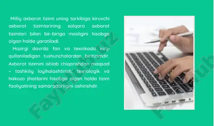 tabiiy resurslar insonlarning moddiy va ma’naviy ehtiyojlarini qondirish uchun jamiyat tomonidan foydalaniladigan obyektlar, jarayonlar hamda tabiiy sharoitlardir. mehnat resurslari jamiyatda ishlash uchun umumta’lim bilimga ega kishilar. moliyaviy resurslar davlat yoki tijorat tarkibi ixtiyoridagi pul manbalaridir. energetik resurslar energiya omillari: ko’mir, neft, neft mahsulotlari, gaz, gidroenergiya, elektroenergiya va hokazo. axborot resurslari, ommaviy axborot va axborot tizimlariga o’zbekiston respublikasining 2003 yil 11 dekabrdagi 560-ii son “axborotlashtirish to’g’risida”gi qonuniga binoan quyidagicha ta’rif berish mumkin: axborot resurslari alohida hujjatlar, hujjatlarning alohida to’plamlari, axborot tizimlaridagi (kutubxonalardagi, arxivlardagi, fondlardagi, ma’lumotlar banklaridagi va boshqa axborot tizimlaridagi) hujjatlar va hujjatlarning to’plamlari.