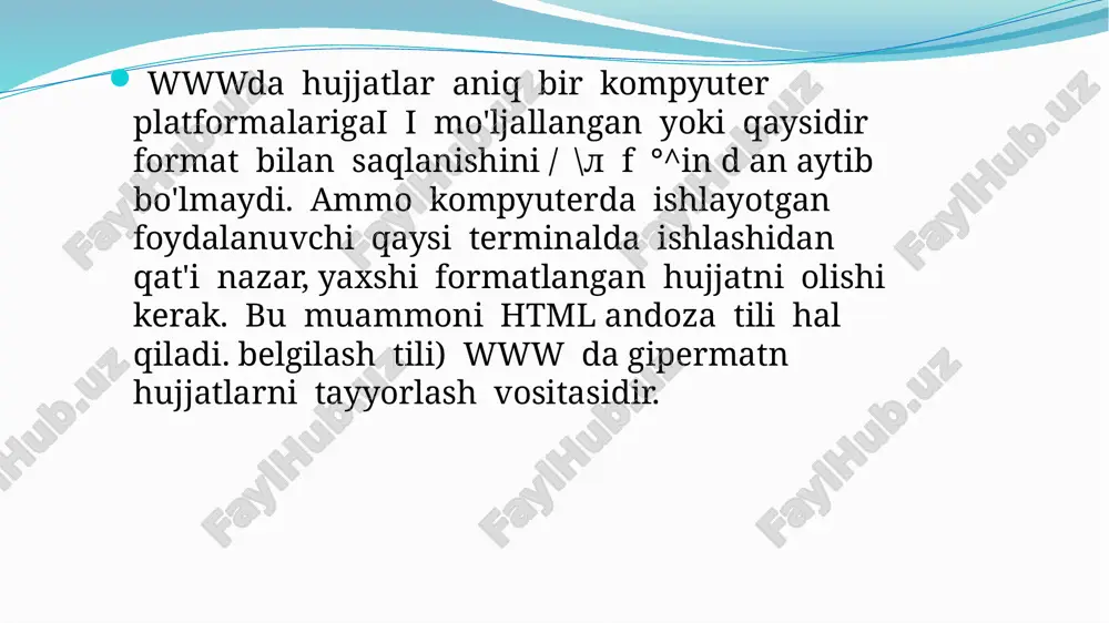 teglarini kiritish tavsiya etiladi. braozer html hujjatni o'qiganida, ularning borligi hujjat bo'limlarini aniq ko'rsatadi. biroq ular bo'lmasa ham, braozer html — hujjatni to'g'ri o'qiydi, lekin hujjat bo'limlari bir-biridan ajralib turmaydi.shunday qilib, to'g'ri tuzilgan html — hujjat quyidagi tuzilishga ega: sarlavhaga oid ma’lumot hujjatning mazmuni , bunda , orasida joylashgan sarlavhaga oid ma’lumot qismida, odatda, foydalanuvchiga e'tiborli bo'lmagan, lekin braozer uchun lozim ma’lumot beriladi. , orasiga esa uning operatorlari to'laligicha ketma-ketlikda joylashtiriladi. world wide web — global axborot tizimi global tarmoqlar, ma’lumki, yirik shaharlar, mamlakat, qit’alami qamrab oladi. lokal tarmoqlar esa birmuncha kichik maydonni o'z ichiga oladi. ular 10, 100, 1000metr chamasi radiusda 1000 nafarga yetar-yetmas mijoz­larga xizmat qilishga mo'ljallanadi. bunday hajm lkt 10 mbayt/s va undan ortiq tezlanishda ishlash imkonini beradi. odatda, lkt ishchi stansiyalar (is) va maxsus kompyuterlami (fayl, print serverlari vaboshqalar) o'zaro kabel bilan bog'lashdan iborat. ular, o'z navbatida, tarmoq adapterlari (tarmoq kartalari) yordamida maxsus platalar orqali kompyuteming …