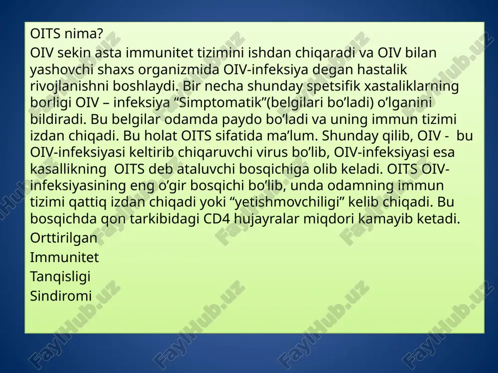karshi javob reaktsiyasi beradi. organizmga virusning kirishi bilan kupchilik odamlarda utkir infektsiya davri yuzaga keladi: konda keskin virus mikdori oshadi (viremiya), cd4 limfotsitlar mikdori esa 20-40%gacha pasayadi. bu davr 20–30% zararlanganlarda yakkol namoyon buladi. utkir davr virus organizmga kirgandan 6-8 xaftadan sung utib ketib, oivga karshi antitelolar ishlab chikila boshlaydi, virus mikdori kamayadi, cd4 limfotsitlar mikdori 80-90%gacha tiklanadi. oiv kupayishda davom etib, kuniga millionlab yangi virionlar yuzaga keladi, immun sistema esa faol ravishda infektsiyaga karshi kurashadi. organizmida kasallikka karshi kurash ketayotgan odam xech narsa sezmaydi, chunki xech kanday simptomlar kuzatilmaydi. immun sistema va virus kurash jarayoni shu boskichgacha, ya'ni virus organizmning ximoya kuchlarini enguncha davom etadi. bu boskichdan oits boshlanadi. oitsda isitmalash, jadal vazn kamayishi, diareya, turli xil yondosh infektsiya, nevrologik simptomatika, kon (t-xujayrali leykoz) va teri (kaposhi sarkomasi) onkologik patologiyasi, umumiy infektsiyalar kuzatilishi mumkin. uzbekistan oiv/oitsdan ulganlarning 70%ida pnevmotsistali pnevmoniya va ba'zilarida upka sili kushilishi tashxisi kuyilgan. oiv- infektsiyasining …