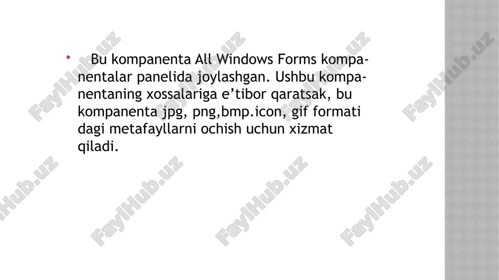 oh bo’lasiz.  to’rtburchakli indicator chapdan o’ng tomon ga qarab to’ladi. bu progressbarning xususiyatlari va usullari orqali to’ldiriladi.  min va max xossalari indicator intervali qiymatlarini belgilaydi.  value xossasi indicator intervail ichidagi min va max qiymatlarini pozitsiyasini o’zgartiradi. foydalanilgan adabiyotlar: 1- googol xizmati. 2- c++da dasturlash fanidan tajriba ishlarini bajarish bo’yicha uslubiy ko’rsat-malar. e’tiboringiz uchun rahmat!!! mavzu:trackbar, timmer va picturebox elementlari reja: 1- picturebox komponentasi 2-timmer e slide 3 slide 4 slide 5 slide 6 slide 7 slide 8 slide 9 slide 10 slide 11 slide 12 slide 13 slide 14 slide 15 slide 16 slide 17 slide 18 slide 19 foydalanilgan adabiyotlar: 1- googol xizmati. 2- c++d e’tiboringiz uchun