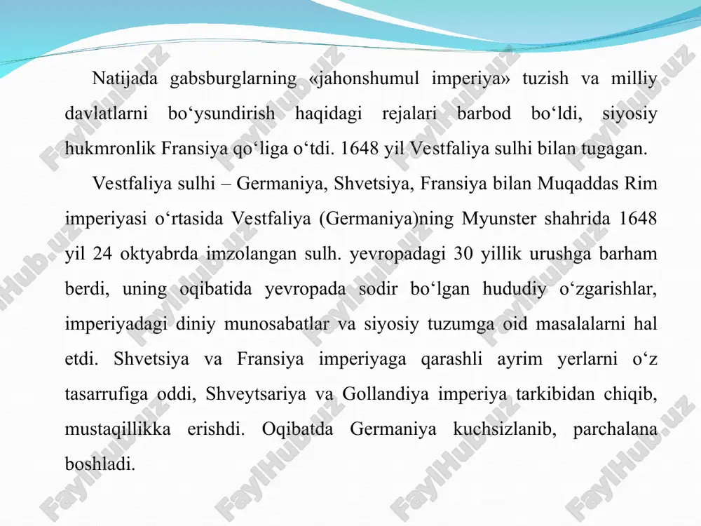 ining yerlarini interventlardan tozalashga erishdi va urush dushman hududlariga ko‘chirildi. iyun oyida fleryus qishlog‘i (belgiya) yonida fransuzlar avstriya armiyasining asosiy kuchlarini tor - mor etishdi. koalitsiya (ittifoq) mag‘lubiyatga uchradi. fransiyaning o‘zida esa 9 termidor aksilinqilobiy to‘ntarilishi ro‘y berdi, yakobinchilar diktaturasi quladi. biroq ushbu xokimiyat almashuvi ham uzoqqa cho‘zilmadi. direktoriyaning o‘rniga napoleon bonapart keldi va o‘zining yakka hokimiyatini o‘rnatdi. konsullik va birinchi imperiya davrida fransiya to‘xtovsiz urushlar olib bordi. bosib olingan mamlakatlarni fransuz mollari sotiladigan bozorlarga va fransiya sanoati uchun xomashyo manbasiga aylantirish siyosati olib borildi. angliya va fransiya ushbu shartnomani qora dengiz bo‘g‘ozlariga oid boshqa bitim bilan almashtirishga harakat qilishdiki, bu yerda ularning ta'siri ustunlikka erishish lozim edi. angliya turkiya va misr o‘rtasida 1839 yilda yangi urushning boshlanishiga erishdi. ushbu urushda turklar to‘la mag‘lub bo‘ldilar. sulton inglizlar ta'siri ostiga ko‘proq tushib bordi. shu tariqa usmoniylar imperiyasining hududiy yaxlitligi va qora dengiz bo‘g‘ozlarining xalqaro huquqiy tartibga oid buyuk davlatlarning birgalikdagi kafolatlar …