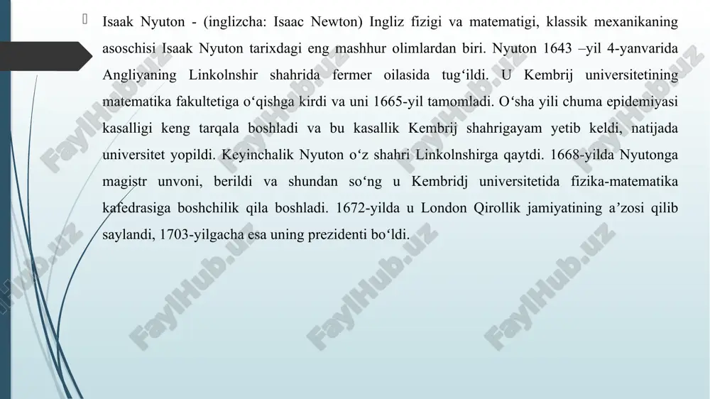 ruglikdagi dispersiya, difraksiya, yorugʻlikning qutblanishi va boshqa hodi-salarni yoritgan. u birinchi boʻlib yorugʻlikning toʻlqin uzunligini oʻlchagan. n. "natural filosofiyaning matematik negizlari" ("negizlar"; 1687) n.ning eng muxim ilmiy asari hisoblanadi. u bu asarida oʻzidan ilgari oʻtgan olimlar (g.galiley, r.dekart, i.kepler, x.gyuygens, r.guk, e. gatey va boshqalar) hamda oʻzi erishgan ilmiy natijalarni umumlashtirgan va klassik fizikaning asosi boʻlgan yer va osmon mexanikasi sistemasini yaratgan va osmon jismlarining harakat nazariyasini ishlab chiqqan; klassik mexanikaning asosiy tushunchalari — massasi va zichligiga ekvivalent boʻlgan materiya miqdoriga; impulsiga ekvivalent boʻlgan harakat miqdoriga va kuchning har xil turiga taʼrif bergan; oʻzining 3 mashhur "aksioma yoki harakat qonunlari": inersiya qonuni (n.ning birinchi qonuni), taʼsir va aks taʼsir konuni (uchinchi qonuni)ni taʼriflagan. n. barcha sayyora va kometalarning quyoshga, yoʻldoshlarning esa sayyoralarga ular orasidagi masofa kvadratiga teskari boʻlgan kuch bilan tortishishini asoslab bergan. u butun olam tortishish qonunidan kepler qonunlari kelib chiqishini isbotlagan. n. bu asarida oy harakatining oʻziga xos …