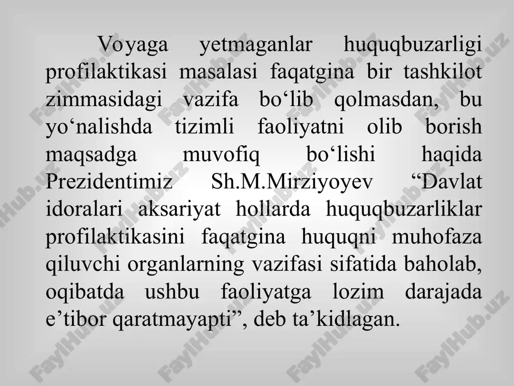 soblanadi. bunday jinoyatchilikning o‘sishi eng avval rivojlangan mamlakatlar uchun xosdir. balog‘at yoshiga yetmaganlar va yoshlar o‘rtasida jinoyatchilikning asosiy sabablari deb g‘arb mutaxassislari yoshlar o‘rtasidagi ishsizlikni, yoshlarning kelajaklariga ishonmasliklari, jamiyatni boshqarish hozirgi zamon usullaridan qoniqmasliklarini ko‘rsatadilar. o‘zbekiston respublikasi qonunchiligiga ko‘ra, 18 yoshga yetmagan fuqarolar voyaga yetmaganlar, deyiladi. voyaga yetmaganlar shaxsiyati hali to`liq shakllanib bo`lmaganligi bilan ajralib turadi. u o‘zi sodir etgan noqonuniy qilmishning mohiyatini ko‘p hollarda to‘liq anglab yetmaydi ham. bundan tashqari, yoshga bog‘liq bo‘lgan qiziqqonlik, o‘zini tuta olmaslik kabi boshqa xususiyatlar tufayli ham o‘spirin noqonuniy harakatga katta yoshli insonga nisbatan tezroq qo‘l urishi mumkin. shu bilan birga, voyaga yetmaganlarga nisbatan jazo maqsadlariga davlat tomonidan qo‘llanadigan qat’iy choralarni qo‘llamay turib ham erishish mumkin. xulosa voyaga yetmaganlar javobgarligi mavzusini o‘qitishning nazariy va amaliy jihatlari mavzusi yuzasidan o'tkazilgan tadqiqot natijalari bo‘yicha quyidagi taklif va tavsiyalar bildiriladi: voyaga yetmaganlaga jinoyatchiligi quyidagi asosiy xususiyatlarga ega: - yoshlar orasidagi jinoyatchilik asosan guruhiy xususiyatga ega bo‘lib, jinoyatchi …