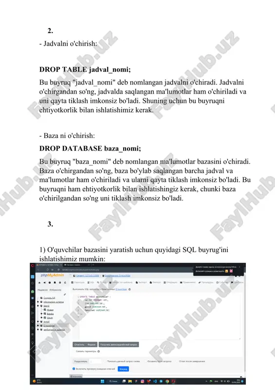 aldagi yozuvlar sonini hisoblash uchun ishlatiladi. select count(*) as yozuv_soni from mahsulotlar; min: jadvaldagi ma'lumot ustunlari ichida eng kichik qiymatni topish uchun ishlatiladi. select min(narxi) as eng_kichik_qiymat from mahsulotlar; max: jadvaldagi ma'lumot ustunlari ichida eng katta qiymatni topish uchun ishlatiladi. select max(narxi) as eng_katta_qiymat from mahsulotlar; bazilari ma'lumotlar bazasi tizimlarida jadval yuzasidan indeks yaratish imkonini beradi. indeks yaratish orqali ma'lumotlarga tezroq murojaat qilish va so'rovni tez bajarish mumkin. indeks yaratish uchun quyidagi buyruqni ishlatish mumkin: create index idx_narxi on mahsulotlar (narxi); ushbu misolda "mahsulotlar" jadvali "narxi" ustuniga indeks yaratiladi. indeks yaratish ma'lumotlarga tezroq murojaat qilishda yordam beradi, ammo indeks yaratishda ma'lumotlar bazasi tizimi tomonidan kiritilgan indekslar uchun qo'shimcha resurslarni talab qiladi. indeks yaratishda ma'lumotlar bazasi tizimining qo'llanmalaridan foydalanamiz indeksni o'chirish uchun quyidagi buyruqni ishlatishingiz mumkin: drop index idx_narxi; ushbu misolda "idx_narxi" nomli indeksni o'chiradi.