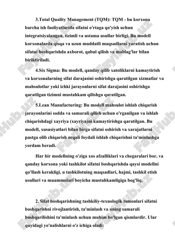 ahkamlashni o'z ichiga oladi. texnologik qurilishlar: sifat boshqarishning avtomatlashtirilgan jarayonlarini amalga oshirish uchun tizimli texnologik qurilishlar, texnik vositalar va dasturiy ta'minotlarni o'z ichiga oladi. bu qurilishlar sifatni muhafaza qilish, qo'llab- quvvatlash va uning samarali boshqarilishini ta'minlashga yordam beradi. axborot tizimlari: sifatni boshqarishda ahamiyatli bo'lgan axborotni to'plash, saqlash va undan foydalanish jarayonlarini ta'minlovchi texnologik vositalar va tizimlar. bu tizimlar sifatni boshqarish organlarining ko'rsatilgan vazifalarini amalga oshirish va ma'lumotlar ustidan asoslangan qarorlar olishga yordam beradi. sifatni boshqarishning tashkiliy-texnologik tomonlari korxonalarning va tashkilotlarning sifatni boshqarishni ta'minlashda va uning samarali boshqarilishini ta'minlashda muhim ahamiyatga ega. bu tomonlar sifatning boshqarilishi va uning samarali o'zlashtirilishi uchun tizimli va integratsiyalangan usullarni ta'minlashda yordam beradi. 3. dasturiy ta'minotni ishlab chiqarish jarayonida sifatni boshqarish, dasturiy mahsulotni yaxshilash, xususiyatlari va qabul qilish jarayonlarini boshqarish va o'zlashtirishning barcha bosqichlarini integratsiyalangan usullar orqali samarali bajarishni o'z ichiga oladi. quyidagi bosqichlar dasturiy ta'minotni ishlab chiqarish jarayonida sifatni boshqarishni ta'minlashda muhim bo'lgan qadamlardir: 1.analiz …