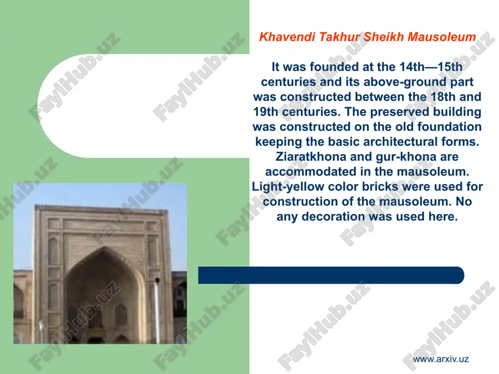 matics and astronomy till his death. two years later after construction of the ulugbek medressah, the ruler of samarkand yalangtush bahadur ordered to build the copy of the medressah and the second, sher-dor medressah was built opposite it. several years later, the same ruler of samarkand ordered the third — tillya-kari medressah that was built like medressah but used mostly as mosque: tillya-kari has low minarets to call people to pray. www.arxiv.uz ark citadel high citadel ark, strengthened with walls, was the centre of the city, showing the military power of the ruler. the palace, treasury and prison were located just here too. buildings preserved today in the ark, were constructed at the end of the 18th — beginning of the 20th centuries. today the ark citadel is a big earthen platform stretched from west to east. a lot of buildings are located inside the ark citadel. presently, the eastern …