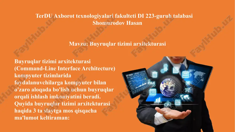 lish: shell buyruqni tahlil qiladi va kerakli parametrlarni ajratadi. bajarish: shell buyruqni bajarish uchun tizim resurslariga murojaat qiladi (masalan, fayl tizimi, protsessor). natijani qaytarish: tizim ishni bajarganidan so'ng, natija yoki xatolik xabari foydalanuvchiga ko'rsatiladi. slayd uchun qisqa: shell buyruqlarni tahlil qiladi va bajaradi, natijalar yoki xatoliklar foydalanuvchiga ko'rsatiladi. buyruqlarni qabul qilish va tahlil qilish ma'lumot: tizimning vazifasi: buyruqlar tizimi foydalanuvchidan buyruqlarni qabul qilib, ularni operatsion tizimga uzatadi va natijalarni foydalanuvchiga ko'rsatadi. asosiy komponentlar: foydalanuvchi (user): buyruqni kiritadigan shaxs. cli (command line interface): buyruqni kirita olish uchun terminal yoki konsol interfeysi. shell (qobiq): buyruqlarni tahlil qilib, to'g'ri tizim qo'llanmalariga yoki dasturlarga yo'naltiradi. kernel: buyruqlarni bajarish uchun resurslarni boshqaradi. slayd uchun qisqa: buyruqlar tizimi foydalanuvchidan buyruqlarni oladi va ularni operatsion tizimga yo'naltiradi. bu tizimning asosiy tarkibiy qismlari: foydalanuvchi, cli, shell va kernel. buyruqlar tizimi asoslari va arxitektura ma'lumot: shellning ishlash jarayoni: buyruq qabul qilish: foydalanuvchi buyruqni terminalga kiritadi. buyruqni tahlil qilish: shell …