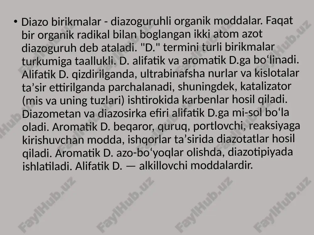 nukleofil almashinish reaksiyalari (galogenlash, nitrolash, sulfolash, alkillash, arillash va boshqalar)ga oson kirishadi. masalan, nitrat kislota taʼsirida benzol nitrobenzolga aylanadi. • benzol, bertlov_1825. c6h6 — aromatik uglevodorodlarning oddiy vakili. molar massasi 78,11, rangsiz, tez yonuvchan, uchuvchan suyuqlik boʻlib, oʻziga xos hidi bor. zichligi 879 kg/m3. qaynash temperaturasi 80,1 °c. yonganda is chiqadi. benzol bugʻi havo bilan aralashganda portlovchi aralashma hosil boʻladi. uglevodorodlar va koʻpchilik organik erituvchilar bilan yaxshi aralashadi. suvda erimaydi.gibridlabishi sp² birlamchi aromatik aminlarning hosilalaridan eng muhimi diazo va azobirikmalardir .molekulasida azotogruppa –n=n– tutgan birikmalar diazo va azobirikmalar deyiladi.molekulasidagi azogruppani azot atomidan bittasi aromatic radikal-aril (ar) bilan,ikkinchisi anorganik birikmalar qoldig`i (x) bilan bog`langan ar– n=n–x moddalar diazobirikmalar deyiladi. bundagi x kislota qoldig`i, gidroksil yoki radikaldir. azogruppa ikkita aromatic radikal- aril (ar) bilan bog`langan ar– n=n–ar moddalar azobirikmalar deyiladi. • diazo birikmalar - aromatik radikal va noorganik qoldiq bilan bogʻlangan ikki azot atomi guruhi - n=n boʻlgan organik birikmalar. • ikki …