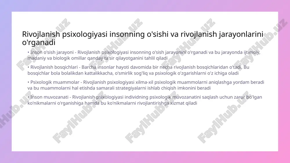 a harakat qilishni o'rganishadi. ularning psixologik rivojlanishi ko'p holatlarda tajribaga asoslanadi. • farqlar haqida - bolalar va kattalar o'rtasidagi psixologik farqlar ularning fikrlash tarzi, muammolarni hal qilish qobiliyati va hissiy tizimi bilan bog'liq bo'ladi. • rivojlanish jarayoni - rivojlanish psixologiyasi bolalar va kattalarning o'zgaruvchan xulq-atvorlarini o'rganishga qaratilgan. bu jarayon ijtimoiy, emosional va kognitiv ko'nikmalarni o'z ichiga oladi. o'zgarishlar va o'sish jarayonlari psixologik rivojlanishning asosidir • o'zgarishlar - o'zgarishlar insonning hayoti davomida yuz beruvchi muhim jarayondir. ular psixologik rivojlanishga yordam beradi. • o'sish jarayonlari - o'sish jarayonlari shaxsiy ma'naviyat va hissiy teranlikni shakllantiradi. bu jarayonlar orqali inson o'zini tanishga imkoniyat topadi. rivojlanish psixologiyasida ijtimoiy muhitning ta'siri muhim ahamiyatga ega • ijtimoiy muhitning roli - ijtimoiy muhit inson rivojlanishini belgilovchi muhim faktor hisoblanadi • oila va ilk ta'sir - oila a'zolari insonning birinchi ijtimoiy muhitini tashkil etadi va uning xarakteri rivojlanishga ta'sir qiladi • do'stlik va ijtimoiy aloqalar - do'stlar va ijtimoiy …