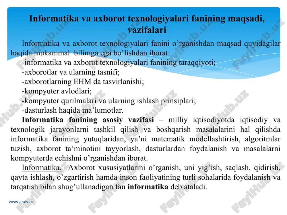 mahsulotining ahamiyati oshib borishi bilan mazkur mahsulotlarni kompyuter va inson yoki axborot tizimlari o’rtasida ideal tarzda almashuvini o’tkazish imkoniyati ilg’or texnologik muammo kasb etadi. 3. oraliq bo’g’inlarni tugatish. birgalikda harakatlanish qobiliyatining rivojlanishi axborot mahsulotlari almashish jarayonining takomillashuviga, so’ngra, axborot manbai yo’lidan iste’molchiga qarab oraliq bo’g’inlar tugatiladi. 4. globallashtirish. tashkilot yo’ldosh aloqa va internet tarmog’ida foydalanib axborot texnologiyalari yordamida hohlagan joyda va hohlagan paytda ish olib borish mumkin. 5. konvergensiya (uyg’unlashish). konvergensiya aatning zamonaviy rivojlanish jarayonining oxirigi bosqichi sifatida ko’rib chiqiladi. bunda mahsulotlaro va xizmatlar, axborot va dam olish, shuningdek, ovozli, raqamli hamda videosignallarni uzatish kabi ish rejimlari o’rtisidagi farq yo’qoladi. www.arxiv.uz www.arxiv.uz o’zbekiston respublikasining axborotlashtirish dasturi. o’zbekistonda axborot texnologiyasi rivojlanishini tezlashtirish va zamonaviy darajaga ko’tarish uchun respublika vazirlar mahkamasi tomonidan bir qator qarorlar qabul qilingan. 1994 yilda vazirlar mahkamasi o’zbekiston respublikasini axborotlashtirish konsepsiyasini qabul qilgan. konsepsiya asosida “o’zbekiston respublkasini axborotlashtirish dasturi” ishlab chiqilgan. dastur uch maqsadni o’z ichiga oladi: milliy …