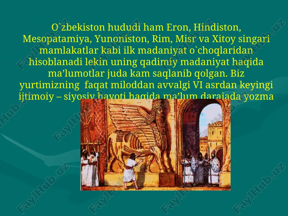 ilan yunon makadoniyalik hokimlar o`rtasidagi ziddiyat tobora chuqurlashib bordi, chet el bosqinchilarga qarshi qo`zg`alonlar kuchaydi. halq harakati, ayniqsa so`g`diyonada keskin tus oldi natijada miloddan avvalgi ii asr ohirida va i asr boshlarida so`g`diyona mustaqillikni qo`lga kiritishga muoffaqiyatga erishdi. yunon baqtriya o`lkalarida ham mustaqillik uchun kurash kuchaydi. qadimdan shimoliy xitoyda istiqomad qilib kelgan hunlar miloddan avvalgi ii asr ohirida xitoyliklar tazyiqi ostida g`arbga tomon chekinishga majbur bo`ldilar va sharqiy turkiston hamda ettisuv vohasida ko`chib yurgan skif (xitoy manbalarida yuechiji antik adabiyotda toharlar nomi bilan mashhur) va usun qabilalarini surib chiqardilar. shunday qilib yunon baqtriya davlati o`rnida yuechijilar (toxarlar) davlati tashkil topdi bu davlat tarixda kushonlar davlati bilan mashxurdir kushonlar davllatiga hozirgi o`zbekistonning katta qismi, afg`oniston shimoliy hindiston va pokistonning shimoliy g`arbiy qismi qaragan bo`lib ayniqsa kanishka va uning that vorisi xuvishka hukmronlik qilgan yillari kuchaydi. lekin milodning ii asr o`rtalarida bu davlatning ham inqirozi boshlandi bir va iv asrga kelib mayda …