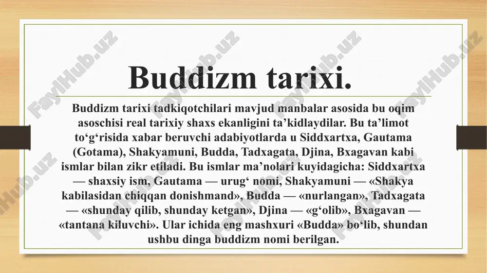 lgan. bu manbaning kulyozma nusxasi shri lankada saklanib kolgan. u milodning boshlarida kitob shakliga keltirilgan. ular budda targibotining hakikiy bayoni hisoblangan sutra matnlari sutra-pitaka, rohiblik axloqi, xonaqohlar nizomlariga bag‘ishlangan vinaya matnlari vinaya-pitaka, buddizmning falsafiy va psixologik muammolarini bayon kilib berishga bag‘ishlangan abxidxarma matnlari — abxidxarma-pitaka iborat. keyinchalik shakllangan sanskrit, xitoy, tibet, kxmer va yapon tillaridagi buddizmga oid adabiyotlar ancha keng tarkalgan, ammo ularning ilk buddizm tarixi uchun ahamiyati ozrok budda hayotiga tegishli rivoyatlarning asosiysi tripitakada jamlangan. buddizm — dunyodagi eng yirik dinlar ichida kadimiylaridan biri hisoblanib, mil. av. vi — v asrlarda xindistonda vujudga kelgan. bu dinga e’tikod kiluvchilar, asosan janubiy, janubi-sharkiy va sharkiy osiyo mamlakatlari: shri-lanka, hindiston, nepal, butan, xitoy, singapur, malayziya, indoneziya, mongoliya, koreya, vetnam, yaponiya, kambodja, birma, tailand, laosda va qisman yevropa va amerika kit’alarida, rossiya federatsiyasining tuva, buryatiya, kalmikston respublikalarida istikomat kiladilar. xozirgi kunda e’tikod kiluvchilar soni jihatidan buddizm xristianlik, islom va xinduizmdan so‘ng to‘rtinchi o‘rinni …