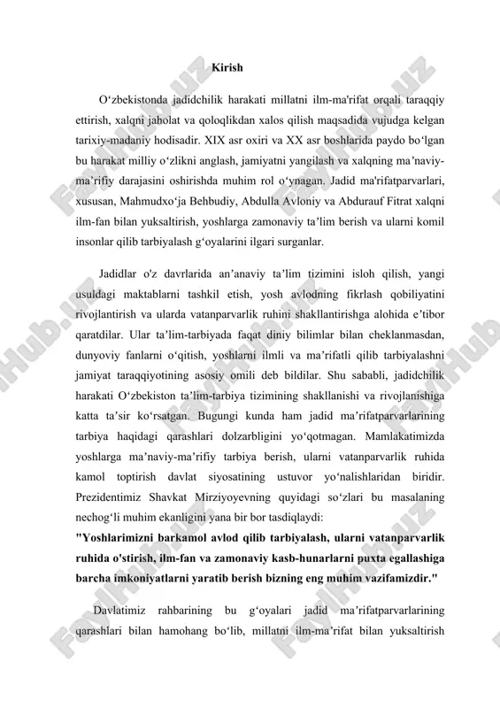 tarbiya sohasidagi qarashlarini ilmiy-nazariy jihatdan o'rganish, ularning zamonaviy ta'lim-tarbiya tizimidagi ahamiyatini aniqlash va amaliyotda qo'llash imkoniyatlarini tahlil qilishdan iborat. ushbu maqsadni amalga oshirish uchun quyidagi vazifalar belgilangan: jadidchilik harakatining shakllanishi va uning ilmiy-nazariy asoslarini o'rganish; jadidlarning ta'lim-tarbiya tizimidagi islohotlarini tahlil qilish; mahmudxo'ja behbudiy, abdulla avloniy va abdurauf fitratning tarbiya haqidagi qarashlarini chuqur o'rganish; jadidlar qarashlarining hozirgi zamonaviy ta'lim-tarbiya tizimidagi ahamiyatini aniqlash. kurs ishi mavzusining obyekti va predmeti tadqiqotning obyekti: jadid maʼrifatparvarlarining ta'lim-tarbiya tizimidagi qarashlari va islohotlari. tadqiqotning predmeti: mahmudxo'ja behbudiy, abdulla avloniy va abdurauf fitratning tarbiya haqidagi fikrlari va ularning zamonaviy ta'lim-tarbiya tizimidagi ahamiyati. kurs ishining tuzilishi mazkur kurs ishi kirish, ikki bob, har bir bobda uchta bo'lim, xulosa va foydalanilgan adabiyotlar ro'yxatidan iborat: 1.bob.jadid marifatparvarlarining ilmiy nazariy qarashlarining ilmiy nazariy asoslari 1.1.jadidchilik harakatining shakllanishi va maqsadlari jadidchilik harakati – oʻrta osiyo, jumladan, turkiston hududida xix asr oxiri va xx asr boshlarida paydo boʻlgan maʼrifatparvarlik harakati boʻlib, millatni ilm-maʼrifat orqali …