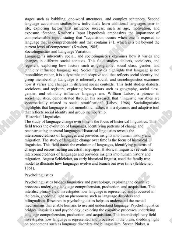 nch of linguistics concerned with the structure of words. it examines how morphemes, the smallest units of meaning, combine to form words. syntax extends this analysis to sentences, investigating how words combine to form grammatical structures. noam chomsky's theory of generative grammar has been pivotal in this area, proposing that underlying all human languages is a common structural basis, which he termed "universal grammar" (chomsky, 1965). this theory posits that the ability to acquire language is innate to humans and that all languages share a common underlying structure. semantics and pragmatics while morphology and syntax focus on form, semantics and pragmatics delve into meaning. semantics studies the meaning of words and sentences in a language, exploring how linguistic elements relate to the world they describe. pragmatics, however, considers context, examining how meaning is influenced by the situational context in which language is used. these fields underscore that understanding language requires …