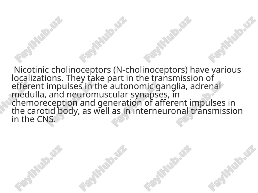 widely used in anaesthesiology when performing different surgical interventions. by causing relaxation of the skeletal muscles, they significantly facilitate the performance of most operations on the organs of the thoracic and abdominal cavities, as well as on the upper and lower limbs. they are administered in tracheal intubation, bronchoscopy, reduction and reposition of bone fracture fragments. besides, these drugs are sometimes used for the treatment of tetanus and in electroconvulsive therapy. it has to be remembered, that these drugs inhibit or totally stop respiration. this is why they can be used in medical practice only when antagonists and the necessary equipment for artificial ventilation are available. nikotin sezuvchan xolinoretseptorlarni stimullovchi vositalar (n-xolinomimetiklar) bu guruxga alkoloidlar lobelin va tsitizin kiradi. (sm. ximi­cheskie strukturi). ular n xolinretseptorlarga ikki fazali ta'sir kiladi. (stadiya vozbujdeniya smenyaetsya ugnetayushim effektom). nikotin — tamaki barglarida saklangan alkaloid. (nicotlana tabacum i nicotiana rustled); davolash axamiyati yuk. amalietda eksperimental …