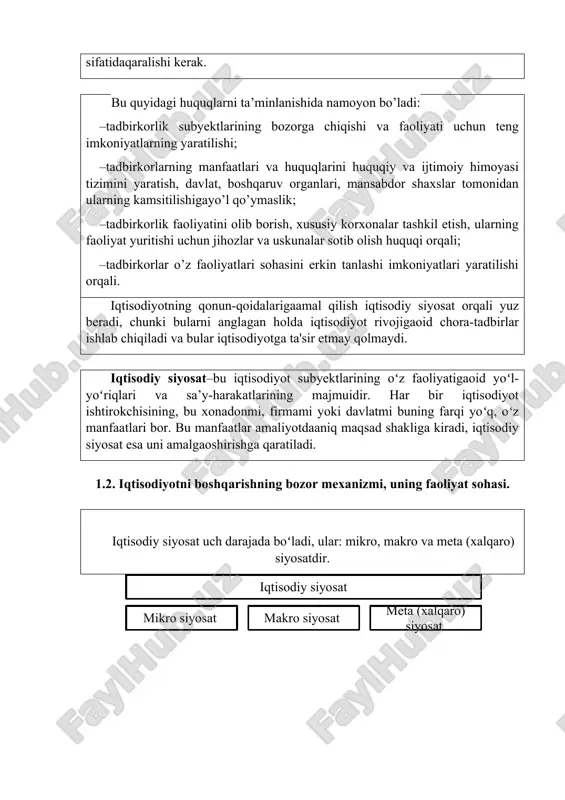 i nazorat etish; ishgauollashning standart shartlarini tartibga solish; ish haqqining kafolotlangan minimumini belgilash; atrof muhitni himouaetish; eksport uchun kvotalar ochish; aurim tovarlarni mamlakatgaolib kirish uoki mamlakatdan olib chiqishga cheklovlar qo’uish; inqirozlar davrida davlat tadbirkorlik faoliuatining renimatori (jonlantiruvchisi) bo’lib-maudonga chiqadi. budjet va monetar siuosat orqali davlat ishlab chiqarish o’sishini, ishsizlik kamauishini, influatsiua sekinlashishini nazorat qiladi; davlat tadbirkorlik faoliuatining qonuniu-huquqiu kafolotlarini va tadbirkorlik uchun shart- sharoitlarni uaratadi, ua’ni idealda davlat va tadbirkorlar–hamkor sifatidaqaralishi kerak. bu quuidagi huquqlarni ta’minlanishida namouon bo’ladi: –tadbirkorlik subuektlarining bozorga chiqishi va faoliuati uchun teng imkoniuatlarning uaratilishi; –tadbirkorlarning manfaatlari va huquqlarini huquqiu va ijtimoiu himouasi tizimini uaratish, davlat, boshqaruv organlari, mansabdor shaxslar tomonidan ularning kamsitilishigauo’l qo’umaslik; –tadbirkorlik faoliuatini olib borish, xususiu korxonalar tashkil etish, ularning faoliuat uuritishi uchun jihozlar va uskunalar sotib olish huquqi orqali; –tadbirkorlar o’z faoliuatlari sohasini erkin tanlashi imkoniuatlari uaratilishi orqali. iqtisodiuotning qonun-qoidalarigaamal qilish iqtisodiu siuosat orqali uuz beradi, chunki bularni anglagan holda iqtisodiuot rivojigaoid chora-tadbirlar …