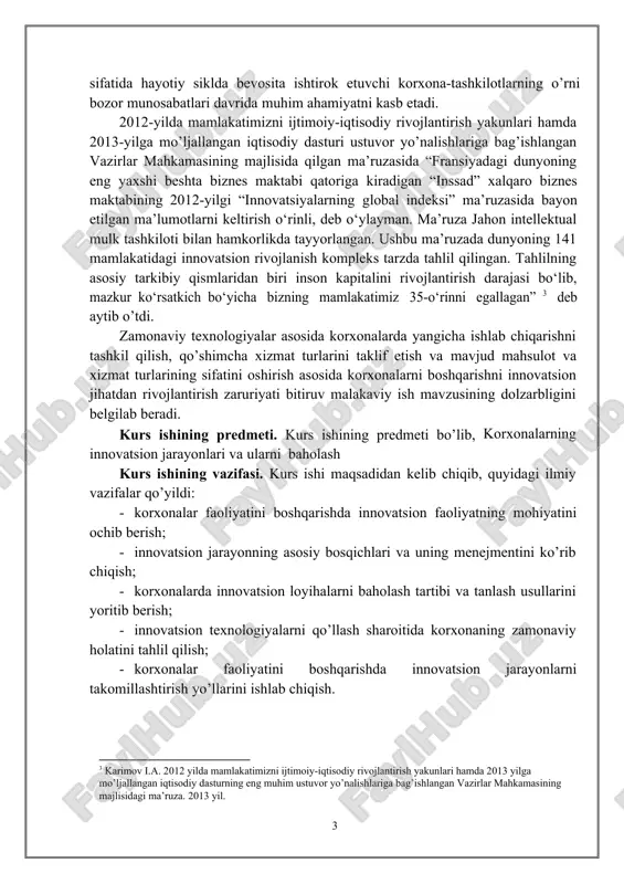 gini belgilab beradi. kurs ishining predmeti. kurs ishining predmeti bo’lib, korxonalarning innovatsion jarayonlari va ularni baholash kurs ishining vazifasi. kurs ishi maqsadidan kelib chiqib, quyidagi ilmiy vazifalar qo’yildi: - korxonalar faoliyatini boshqarishda innovatsion faoliyatning mohiyatini ochib berish; - innovatsion jarayonning asosiy bosqichlari va uning menejmentini ko’rib chiqish; - korxonalarda innovatsion loyihalarni baholash tartibi va tanlash usullarini yoritib berish; - innovatsion texnologiyalarni qo’llash sharoitida korxonaning zamonaviy holatini tahlil qilish; - korxonalar faoliyatini boshqarishda innovatsion jarayonlarni takomillashtirish yo’llarini ishlab chiqish. 3 karimov i.a. 2012 yilda mamlakatimizni ijtimoiy-iqtisodiy rivojlantirish yakunlari hamda 2013 yilga mo’ljallangan iqtisodiy dasturning eng muhim ustuvor yo’nalishlariga bag’ishlangan vazirlar mahkamasining majlisidagi ma’ruza. 2013 yil. 4 1.1. narx nima 1. narx—bozor mexanizmining muhim tarkibiy unsurlaridan biri. u oʻzining vazifalari orqali barqaror iqtisodiyotning shakllanishi hamda samarali amal qilishiga, bozor muvozanatining taʼminlanishiga, milliy daromadning iqtisodiyot turli tarmoq va sohalari, xoʻjalik yurituvchi subʼektlari boʻyicha taqsimlanishiga, aholining ijtimoiy jihatdan himoya qilinishiga sharoit yaratadi. shuningdek, u …