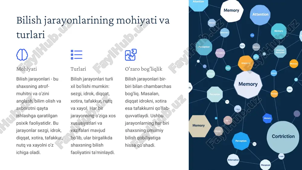 lash) va yozma (yozish va o'qish). har bir tur shaxsning kommunikativ qobiliyatida muhim rol o'ynaydi. rivojlantirish omillari nutqni rivojlantirish uchun turli omillar mavjud: ijtimoiy muhit, ta'lim, kitob o'qish va boshqalar. ushbu omillar nutqning ravonligi va boyligini oshiradi. xayol: ijodiy faoliyatning asosi va turlari ijodiy faoliyatning asosi xayol ijodiy faoliyatning asosi hisoblanadi. xayol orqali biz yangi g'oyalar yaratamiz va mavjud muammolarni hal qilamiz. turlari xayolning asosiy turlari: aktiv (ongli ravishda boshqariladigan) va passiv (ongdan tashqari). har bir tur shaxsning ijodiy qobiliyatida muhim rol o'ynaydi. bilish jarayonlarining shaxs xususiyatlariga ta'siri 1 shaxsning xususiyatlari 2 xulq-atvor 3 munosabatlar 4 qobiliyatlar 5 bilish jarayonlari bilish jarayonlari shaxsning xususiyatlariga sezilarli ta'sir ko'rsatadi. diqqat, xotira, tafakkur va boshqa bilish jarayonlari shaxsning qobiliyatlari, munosabatlari va xulq-atvorini shakllantiradi. shuning uchun bilish jarayonlarini rivojlantirish shaxsning umumiy rivojlanishiga hissa qo'shadi. xulosa shaxsning bilish jarayonlari uning atrof-muhitni anglash, bilim olish va axborotni qayta ishlash qobiliyatini belgilaydi. diqqat, sezgi, idrok, xotira, tafakkur, …