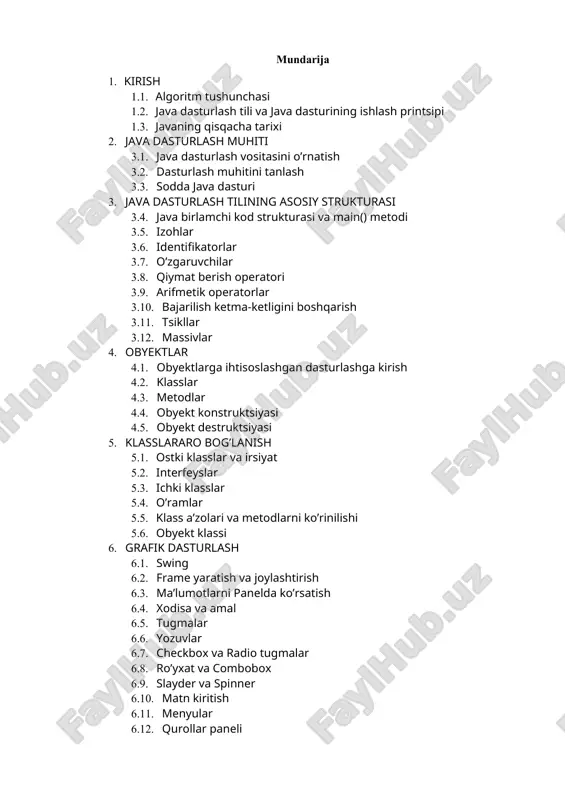 shlaydigan qilib yaratilgan. ma’lum bir operatsion tizim uchun yaratilgan dastur boshqa operatsion tizimida ishlay olmagan. java dasturlash tili ushbu tushunchani o’zgartirib operatsion tizimga bog’liq bo’lmagan dasturlashni kiritdi. java dasturlash tili zamonaviy dasturlash tili taminlab berishi kerak bo’lgan barcha funktsiyalarni o’z ichiga olganligi uchun qisqa vaqt ichida dasturchilar orasida keng tarqaldi. jumladan, java dasturlash tili quyidagi xususiyatlarga ega: • ob’ektlarga ixtisoslashish xususiyatlari • ko’pvazifalilik • avtomatik xotira menejmenti (keraksiz ob’ektlarni yig’ishtirish) • tarmoq va xavfsizlik xususiyatlari • platformaga bog’liq emaslik java dasturlash tili nisbatan yangi dasturlash tili xisoblansada ayni vaqtda boshqa dasturlash tillari singari mavjud imkoniyatlari bilan bir o’rinda turadi. java dasturlash tili kompilyatsiya va interpretatsiya qilinuvchi til xisoblanadi. java birlamchi kodi avval kompilyator yordamida sodda ikkilik instruktsi, bayt-kodga o’giriladi. ushbu bayt- kod java virtual mashinasi uchun dastur amallarini bajarish uchun ko’rsatma bo’lib xizmat qiladi. bayt-kod universal bo’lib turli platformalar uchun maxsus yaratilgan barcha java virtual mashinalari yordamida bajarilishi mumkin. bu …