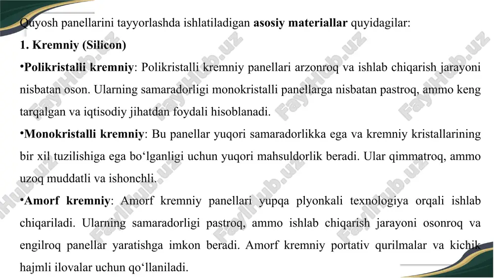 roq, uning qimmatligi sababli, boshqa arzonroq variantlar, masalan, alyuminiy yoki mis kontaktlar ham ishlatiladi. 4. eva (etilen vinil asetat) qatlamlari eva quyosh panellarining ichki qatlamlarini yopishtirishda ishlatiladi, bu esa quyosh hujayralarini mustahkamlash va uzoq muddatli mustahkamlikni ta’minlashga yordam beradi. eva qatlami quyosh hujayralarini himoya qiladi va ularning qattiq sharoitlarda ham chidamli bo‘lishini ta’minlaydi. eva materialini tayyorlashda shaffoflik va moslashuvchanlikka katta e'tibor qaratiladi, shunda quyosh nurlari yo‘qolmasdan hujayralarga yetib borishi mumkin bo‘ladi. 5. backsheet (orqa qatlam) quyosh panellarining orqa tomonini qoplash uchun ishlatiladigan backsheet qatlami quyosh panellarining mustahkamligini ta’minlaydi va tashqi zararli ta'sirlardan himoya qiladi. backsheet materiallari odatda polimerlardan tayyorlanadi va panellarning ichki qismlariga namlik yoki boshqa zararli moddalarning kirib ketishining oldini oladi. 6. laminatsiya materiallari quyosh panellarini to‘liq birlashtirish va ichki qismlarini himoya qilish uchun laminatsiya jarayonida yordamchi materiallar ishlatiladi. laminatsiya hujayralarni qotiradi, ularni tashqi zararli ta’sirlardan saqlaydi va umrini uzaytiradi. 7. yelimlar va qotiruvchi moddalar yelimlar panellarni birlashtiradi va …