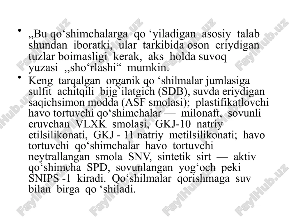 nadi. • gips qorishmalar uchun, ko‘pincha, go‘shtparda yoki • suyak yelimidan olingan sekinlatkichlar ishlatiladi. buning uchun • massa bo‘yicha i qism yelim 5 qism miqdordagi suvda 15 soat • davomida ivitib qo'yiladi, keyin 2 qism miqdorda ohak bo‘tqasi • qobshiladi va ularning hammasi qaynatiladi. hosil boigan masa • 200 litr suv quyib suyultiriladi. bunda qorishmaning qotishi 40 • minutgacha sekinlashadi. • yuqorida aytib o'tilgan boshqa qotishni sekinlatkichlarning • fazasi va sekinlatish muddati laboratoriyada tajriba y o li bilan • aniqlanadi. pigmentlar haqida malumot pigmentlar qorishmaga m a’lum rang berish uchun qo‘shiladi. pigmentlar mayin tuyilgan, rang berish xususiyati yuqori, yomg‘irlik va atmosfera omillari ta’siriga chidamli, kimyoviy jihatdan turg‘un bo‘lishi, shuningdek ular suvda erimasligi, qorishmaga aralashtirganda o ‘z rangini o ‘z- • gartirmasligi lozim. qorishmaning mustahkamligini biroz • pasaytirishi pigmentlarning kamchiligi hisoblanadi. kelib chi- • qishiga ko‘ra mineral va organik pigmentlar bo‘ladi. mineral pig • mentlar tashqi va ichki suvoqlar uchun, organik …