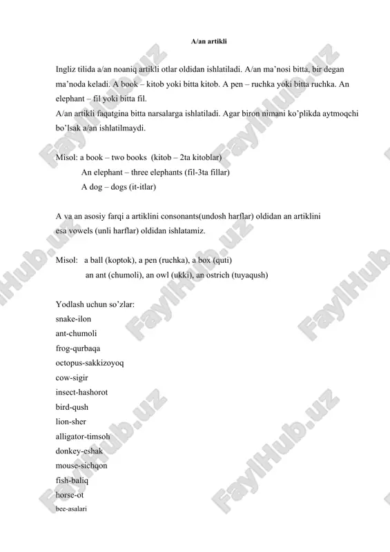(ukki), an ostrich (tuyaqush) yodlash uchun so’zlar: snake-ilon ant-chumoli frog-qurbaqa octopus-sakkizoyoq cow-sigir insect-hashorot bird-qush lion-sher alligator-timsoh donkey-eshak mouse-sichqon fish-baliq horse-ot bee-asalari personal pronouns ingliz tilida personal pronouns deganda kishi (shaxs)ni o’rniga ishlatiladigan olmoshlar tushuniladi. masalan: john is my brother. he is my brother. (john mening akam. u mening akam) bu yerda john ot bo’lsa, he uning o’rnida ishlatilyapti. ya’ni shaxs o’rniga qo’llanilmoqda. children are playing in the garden. they are playing in the garden. (bolalar bog’da o’ynashyapti. ular bog’da o’ynashyapti). ingliz tilida 3ta shaxs mavjud. i-shaxs so’zlovchi, ii-shaxs-tinglovchi, iii-shaxs boshqa, suhbatga aloqasi bo’lmagan odam birlikda (singular) i-shaxs i – men ii-shaxs you – sen, siz iii-shaxs he, she, it – u ko’plikda (plural) i-shaxs we – biz ii-shaxs you – sizlar iii-shaxs they – ular biz he deb faqat erkak kishi yoki o'g’il bolaga, she deb faqat qiz yoki ayolga, it deb esa narsa buyum va jonivorga nisbatan ishlatamiz. o’zbek …