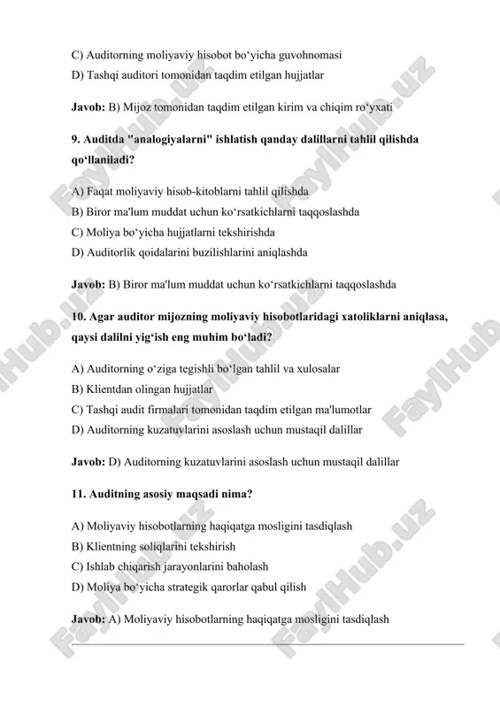 da “subyektiv” dalilni qanday ta'riflash mumkin? a) hujjatlar va hisob-kitoblar asosida olingan dalil b) auditorning mulohazalari va fikrlariga asoslangan dalil c) mijozdan olingan hujjatlar d) yuridik hujjatlar asosidagi dalil javob: b) auditorning mulohazalari va fikrlariga asoslangan dalil 15. auditni rejalashtirishda asosiy elementlar qaysilar? a) audit jamoasining tashkil etilishi, auditning maqsadi va metodologiyasi b) auditorlar bilan intervyu o‘tkazish c) moliyaviy hisobotlarni yakuniy tekshirish d) tashqi auditni o‘tkazish javob: a) audit jamoasining tashkil etilishi, auditning maqsadi va metodologiyasi