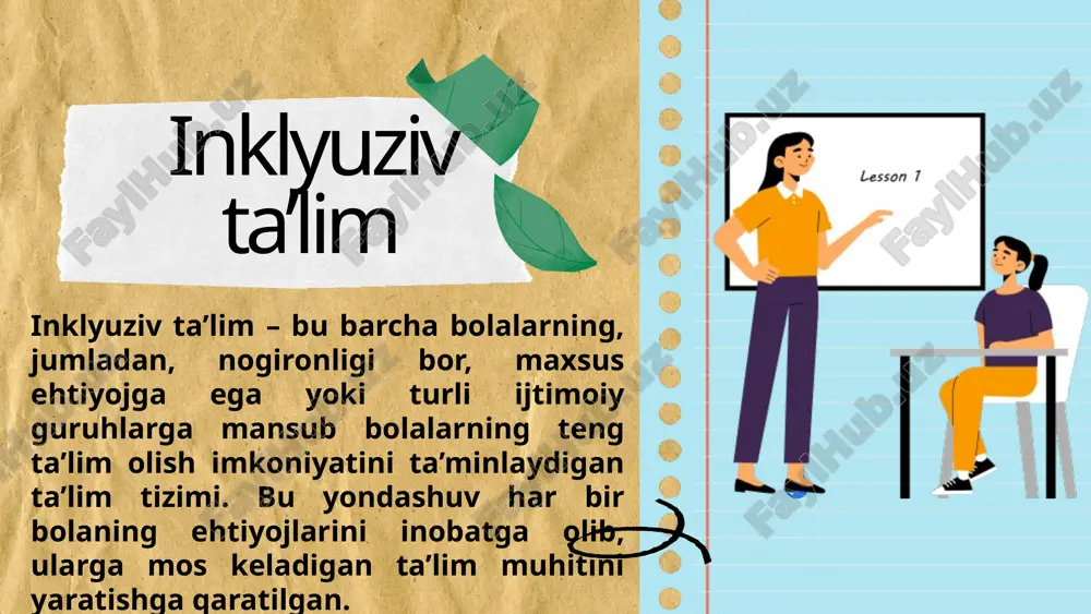 dollari miqdorida mablag‘ ajratilib, inklyuziv ta’limni rivojlantirishga yo‘naltirilgan . mavjud muammolar: • infratuzilma yetishmovchiligi: ayrim ta’lim muassasalarida alohida ta’lim ehtiyojlari bo‘lgan bolalar uchun to‘siqsiz muhit va zarur sharoitlar yetarli darajada yaratilmagan . • kadrlar masalasi: pedagog kadrlarning inklyuziv ta’lim bo‘yicha kasbiy tayyorgarligi va malakasi yetarli emasligi sababli, alohida ta’lim ehtiyojlari bo‘lgan bolalarga ta’lim berishda qiyinchiliklar yuzaga kelmoqda . inklyuziv ta’limning huquqiy asoslari mustahkam bo‘lmasa, uni rivojlantirish qiyin bo‘ladi. vazifalar:✅ • inklyuziv ta’limni davlat siyosati darajasida qo‘llab-quvvatlash. • maxsus ehtiyojli bolalar huquqlarini himoya qiluvchi qonunlarni ishlab chiqish va amaliyotga joriy etish. • maktab va universitetlarni inklyuziv muhitga moslashtirish bo‘yicha davlat dasturlarini qabul qilish. • nogironligi bor bolalar uchun maktab va universitetlarga qabul kvotalarini kengaytirish. e’tiborining uchun rahmat slide 1 slide 2 slide 3 slide 4 slide 5 slide 6 slide 7 slide 8 slide 9 slide 10 slide 11 slide 12 slide 13 slide 14