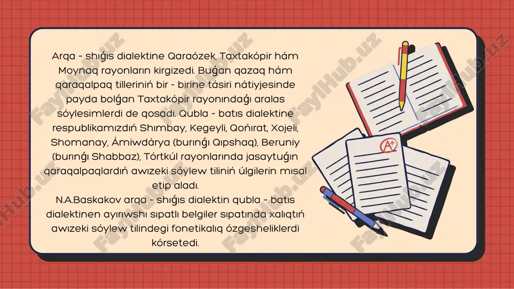 tlerdi klassifikaciyalawǵa keletuǵın bolsaq, onda ol ápiwayı mısallar tiykarında – aq, óz pikirlerin dáliylley alǵan dep ayta almaymız, sebebi onıń materiallarında qaraqalpaqstannıń tiykarǵı orınları shımbay, kegeyli, nókis, taxtakópir hám moynaq rayonlarında jasaytuǵın xalqımızdıń awızeki sóylew tilindegi ózgeshelikler kórsetilmegen. ásirese, házirgi tilimizdiń úlgisine qaraqalpaq tiliniń shabbaz (shax – abbaz – wáliy) dialekti sanaladı dep tastıyıqlawı nadurıs. sebebi, bul rayonda qaraqalpaqlar (házir ol beruniy rayonı) birinshiden, sanı jaǵınan az, ekinshiden, olar biraz waqıtlardan beri xorezmli ózbekler, túrkmenler hám qazaqlar menen qońsı jasaydı. úshinshiden, prof. s.vurmnıń qaraqalpaq tiliniń dialektlerin klassifikaciyalawdaǵı barlıq fonetika - grammatikalıq shegaralawshı belgiler, biziń tilimizdiń dialektlerin sıpatlawdaǵı haqıyqıy dáliyl bola almaydı.