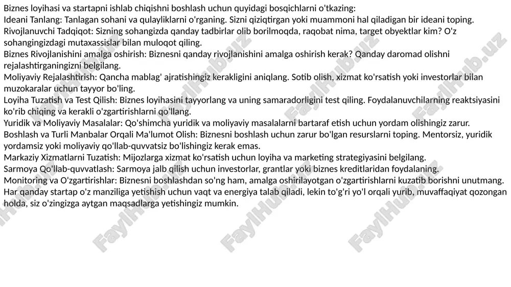 sarmoya qo'llab-quvvatlash: sarmoya jalb qilish uchun investorlar, grantlar yoki biznes kreditlaridan foydalaning. monitoring va o'zgartirishlar: biznesni boshlashdan so'ng ham, amalga oshirilayotgan o'zgartirishlarni kuzatib borishni unutmang. har qanday startap o'z manziliga yetishish uchun vaqt va energiya talab qiladi, lekin to'g'ri yo'l orqali yurib, muvaffaqiyat qozongan holda, siz o'zingizga aytgan maqsadlarga yetishingiz mumkin. mavzu:biznes loyiha va startaplar ishlab chiqarish. slide 2 slide 3 slide 4