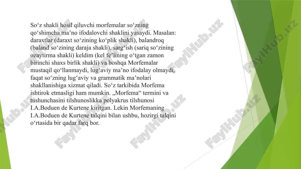 shbo'ron qilish kerakkulmoq (tematik unli o'tgan zamon kelajagi oxirlari bilan bog'langan - kuladi va 3-shaxs ko‘plik -am). fe'llarning tematik unlilari bo'lishi mumkin -a, -va va -o. morfemalar asosiy vazifasiga koʻra, 2 turga boʻlinadi; soʻz yasovchilar; soʻzning shaklini yasovchilar. suz yasovchi morfemalar yangi-yangi leksemalar hosil qilish uchun qoʻllanadi va oʻzbek tili lugʻat (leksik) qatlamining boyishida muhim rol oʻynaydi. soʻz shakli hosil qiluvchi morfemalar soʻzning qoʻshimcha maʼno ifodalovchi shaklini yasaydi. mas: daraxtlar (daraxt soʻzining koʻplik shakli), balandroq (baland soʻzining daraja shakli), sargʻish (sariq soʻzining ozaytirma shakli) keldim (kel feʼlining oʻtgan zamon birinchi shaxs birlik shakli) va boshqa morfemalar mustaqil qoʻllanmaydi, lugʻaviy maʼno ifodalay olmaydi, faqat soʻzning lugʻaviy va grammatik maʼnolari shakllanishiga xizmat qiladi. soʻz tarkibida morfema ishtirok etmasligi ham mumkin. „morfema“ termini va tushunchasini tilshunoslikka polyakrus tilshunosi i.a.boduen de kurtene kiritgan. lekin morfemaning i.a.boduen de kurtene talqini bilan ushbu, hozirgi talqini oʻrtasida bir qadar farq bor. image1.png image2.png image3.png image4.png /docprops/thumbnail.jpeg