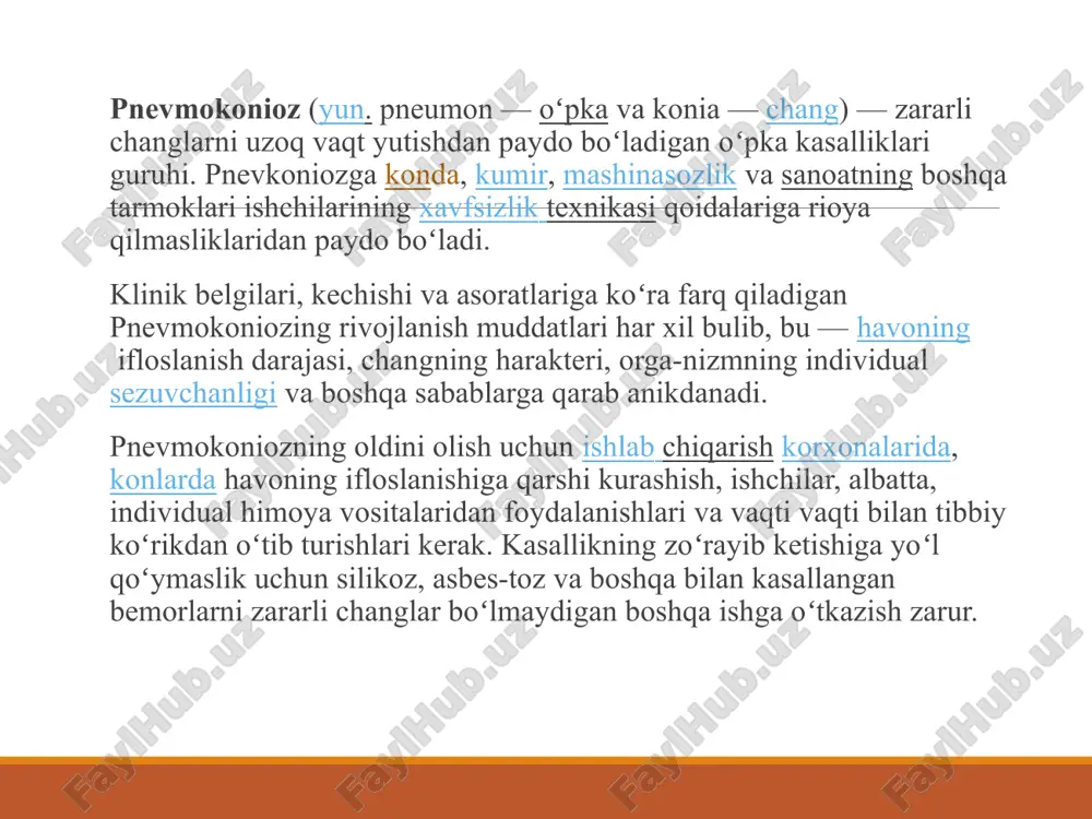 li o‘pka alveolalariga tushadi va u yerdan fagotsitlar yordamida transportirovka qilinib, hujayralararo bo‘shliqqa o‘tadi va pnevmokonioz rivojlanadi. chang xarakteriga qarab pnevmokoniozlarning bir necha turlari tafovut qilindi: silikoz tarkibida kremniy dioksidni saqlagan chang zarralari asosidagi pnevmokonioz. silikatoz tarkibidagi asbest, talk, sement, kaolin, slyud zarrachalari, shisha tolalari sababli kelib chiqadigan pnevmokonioz. metallokonioz tarkibida alumin, temir va boshqa metall zarralari (metallokoniozlar ichida berilli zarrachalarini saqlagan changlar bilan bo‘lsa – berillioz)dan paydo bo‘lgan pnevmokonioz. karbokonioz tarkibida ko‘mir, grafit va boshqalar sababli. klinikasi. pnevmokoniozlarning barcha turlarida klinik belgilar deyarli bir xil, buning uchun kasb-korga xos anamnez yig‘ishda hushyor bo‘lish kerak. xarakterli belgilari: kuchayib boruvchi o‘pka yetishmovchiligi (kuchayib boruvchi hansirash) va surunkali, qaytalanib turuvchi bronxit belgilari. ko‘krak qafasida og‘riqlar aniqlanishi mumkin, chunki ko‘proq plevra varaqlari yopishib qoladi. asorati. pnevmoniya bilan bo‘lsa, tana harorati ko‘tarilishi va o‘pkada namli xirillashlar eshitilishi mumkin. diagnostika uchun eng xarakterlisi rentgenologik tekshirishdir. pnevmokoniozlarning 3 ta bosqichi tafovut qilinadi: 1-bosqich uchun xarakterli simptomlari …