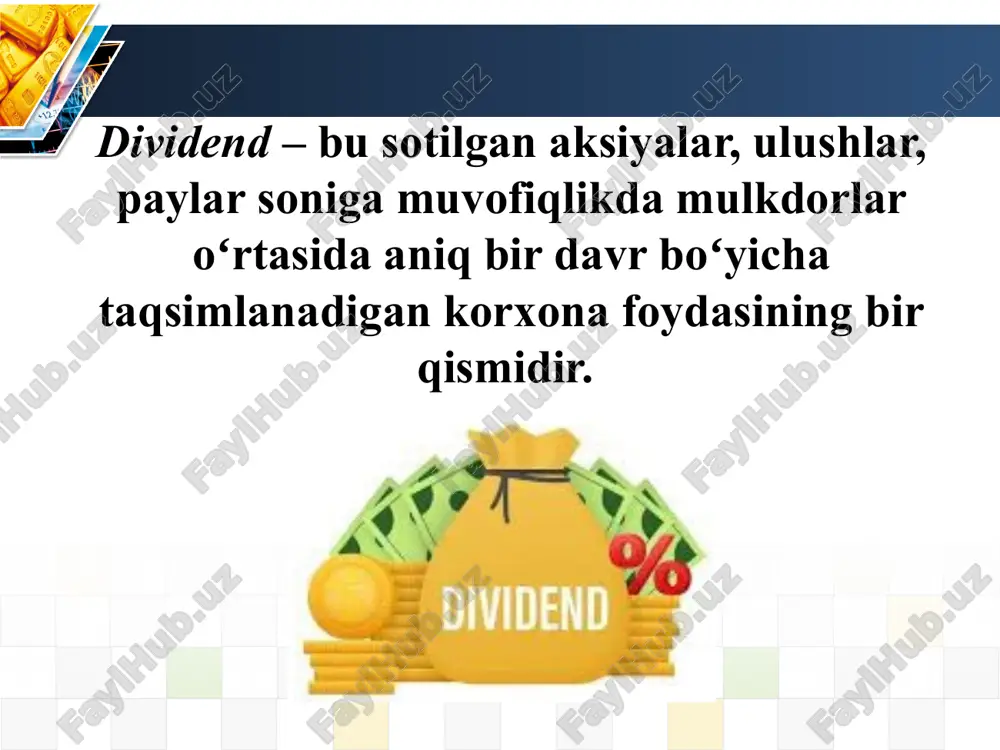 anmagan foydadan ushbu maqsad uchun maxsus yaratilgan zaxira mablag‘laridan to‘lanadi. jahon xoʻjaligi amaliyotida dividendlarning turlari: - davriylik va doimiylik asosida toʻlanadigan muntazam dividendlar; - ma’lum bir davrda yuqori foyda olingan holatlarda toʻlanadigan qoʻshimcha dividendlar; - qoʻshimcha ravishda bir marta toʻlanadigan maxsus dividendlar; - korxonani yoki uning alohida bir qismini tugatish holatlari yuzaga kelganda toʻlanadigan likvidatsion dividendlar o‘zbekiston respublikasi qonunchiligiga muvofiq, dividend aksiyaning nominal qiymatiga nisbatan foizda yoki har bir aksiya uchun so‘mda belgilanadi. dividendlarni to‘lash quyidagi shaklda amalga oshirilishi mumkin: 1. dividendlar to‘lashning pul shakli – masalan, kassadan naqd pul, plastik karochka, to‘lov topshirig‘i, pochta orqali to‘lash. bu holda dividendlar miqdorini aniqlash uchun turli xil variantlar qo‘llaniladi. 2. boshqa (mol-mulk) shaklda, agar u kompaniyaning ustavida nazarda tutilgan bo‘lsa, xususan aksiyadorlik jamiyatlari aksiyalar, obligatsiyalar, tovarlar ko‘rinishida beriladi. dividend - bu kompaniyaning aksiyadorlariga taqsimlanadigan foyda ulushi va aksiyadorlarning kompaniyaga kiritgan investitsiyalari uchun oladigan daromadidir. kompaniya rahbariyati o'zining turli manfaatdor tomonlarini qondirish uchun …