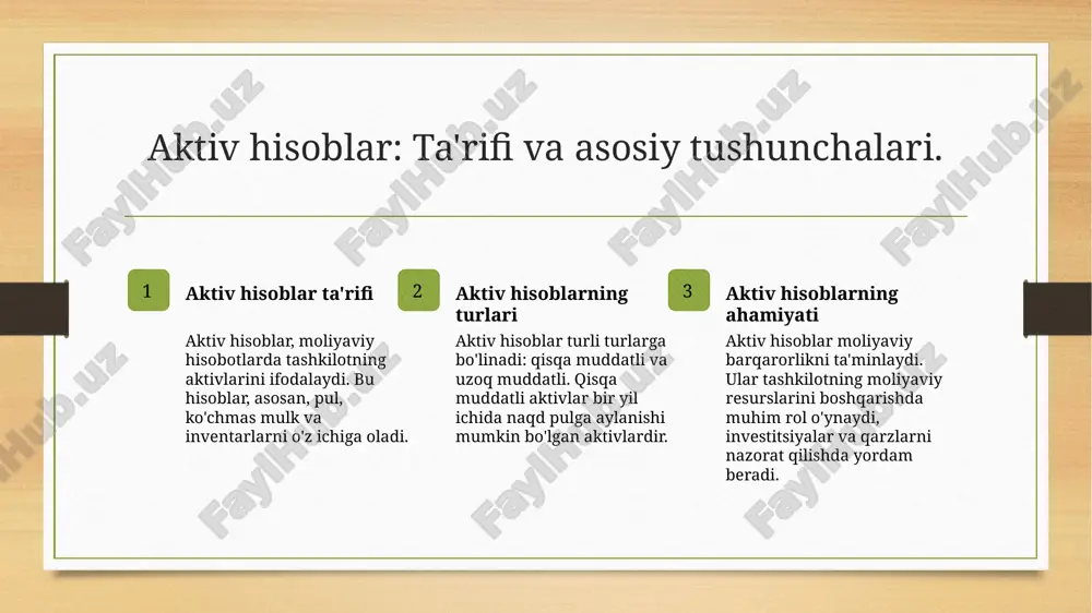 b-kitoblarni tezlashtirish va aniq natijalarni ta'minlaydi. 3 moliya va investitsiyalar - aktiv hisoblar mamlakatning moliyaviy va investitsiya muhitida muhim ahamiyatga ega, ular orqali resurslar samarali taqsimlanishi va o'sish imkoniyatlari yaratiladi. 4 amaliyotdagi o'zgarishlar - o'zbekistondagi amaliyotlar o'zgarishlarga duch kelmoqda, bu esa xalqaro standartlarga mos kelish va hisoblarni yanada shaffof qilish maqsadida amalga oshirilmoqda. passiv hisoblar: asosiy tushunchalar va ta'riflar. passiv hisoblar ta'rifi passiv hisoblarning turlari passiv hisoblarning roli passiv hisoblar, tashkilotning moliyaviy majburiyatlarini ifodalovchi hisoblar bo'lib, ular qarzlar va boshqa majburiyatlarni o'z ichiga oladi. passiv hisoblar juda ko'p turli shakllarda mavjud: uzoq muddatli qarzlar, qisqa muddatli qarzlar va o'zgaruvchan majburiyatlar kabi. passiv hisoblar, tashkilotning moliyaviy barqarorligini baholashda muhim rol o'ynaydi, chunki ular aktivlar bilan muvozanatni ta'minlaydi. passiv hisoblarning moliyaviy hisobotlardagi o'rni. passiv hisoblar ta'rifi moliyaviy hisobot o'rni o'zbekistondagi ahamiyati passiv hisoblar, tashkilotning moliyaviy majburiyatlarini ifodalaydi va ularning moliyaviy holati haqida muhim ma'lumotlar beradi. passiv hisoblar moliyaviy hisobotlarda muvozanatni ta'minlaydi, bu …