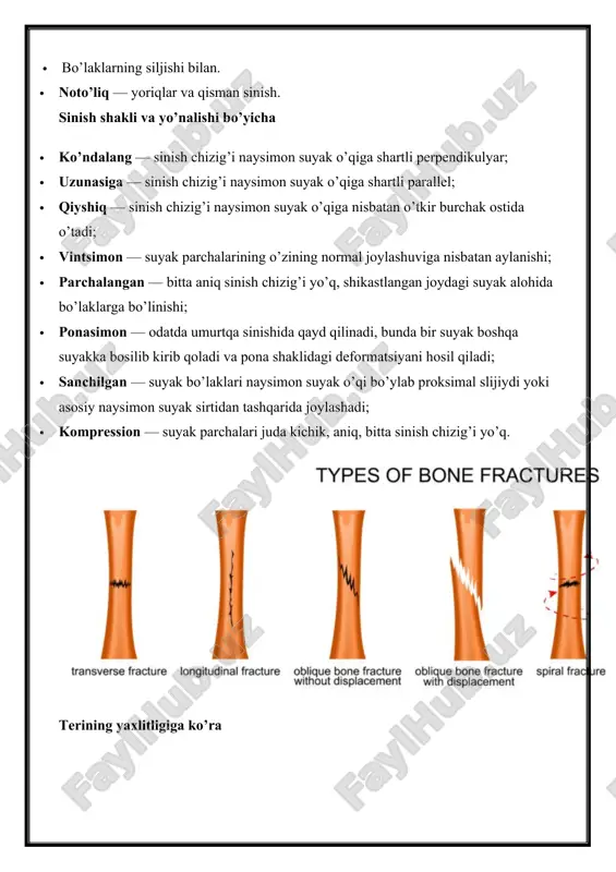 g’li emboliya;  jarohatga infektsiya tushishi, osteomielit, sepsis.  asoratlanmagan. bundan tashqari, eng ko’p uchraydigan sinish turlari umumqabul qilingan nomlar — ularni birinchi bo’lib ta’riflab bergan muallifning ismi bilan ataladi. misol uchun, bilak suyagining bigizsimon o’simtasi sinishi kolles sinishi deb ataladi. bolalik va o’smirlik davrida suyaklashmagan o’sish (epifizal) chizig’i bo’ylab sinish — epifizioliz ko’p kuzatiladi. keksalik yoshida esa shikastlanishlar sezilarli darajada kamroq kuch tomonidan ham chaqirilishi mumkin, tiklanish davri esa ko’proq bo’ladi. bu suyak mineral va organik tarkibiy qismlarining o’zgarishi bilan bog’liq. etiologiya suyak ularning yuk ko’tarish chegarasidan ko’ra ko’proq kuch tushishi natijasida sinadi. har bir suyakning turli o’qlar bo’yicha maksimal yuk ko’tarish kattaligi har https://mymedic.uz/kasalliklar/travmatologiya/qon-ketishida-birinchi-yordam-korsatish/ xil bo’ladi. har bir alohida holda sinish turi tushadigan kuchning yo’nalishiga bog’liq. masalan, agar zarba naysimon suyakka perpendikulyar tushadigan bo’lsa, ko’ndalang sinish sodir bo’ladi, kuch vektori o’qqa parallel qo’yiladigan bo’lsa, uzunasiga sinish qayd qilinadi. suyak sinishining turlari nisbati vaqt o’tishi bilan o’zgarib boradi, masalan, …