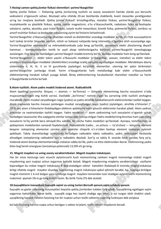 i bir-biri bilan taʼsirlashmaydi, ular hamma yoʻnalishda bir xil tezlik bilan harakatlanadi. gazlar kinetik nazariyasiga asosan gaz hajmining hamma jo-yida temperatura va bosim bir xil (issiqlik muvozanati), molekulalar tartibsiz harakatlanadi, temperatura yoki bosim oʻzgarsa, muvozanat buzil ad i, energiya, bosim, temperatura va h. k. gradiyentlari hosil boʻladi. termodinamika (yun. termo issiq, dynamic — kuch) — termodinamik muvozanat holatida turgan makroskopik tizimlarning umumiy xossalariga bu holatlar orasidagi o'tish jarayonlari toʻgʻrisidagi fan. t. fundamental qonun va tamoyillar asosida quriladi.t.ning birinchi bosh qonuni tizimning energiya saqlanish qonuni boʻlib, unga, asosan, tizim oʻzining ichki energiyasi yoki qandaydir tashqi energiya manbai hisobiga ish bajarishi mumkin. bu qonunni yu. r. mayer taʼriflagan. 4.elektrostatik maydon va uni hisoblash.zaryad miqdori va kulon qonuni.o’zgarmas elektr toki. tok kuchi,kuchlanish va qarshilik. elektrostatik maydon va uning xususiyatlari. elektrostatika.elektr zaryadi.zaryadning diskretligi.elektr zaryadining saqlanish qonuni.kulon qonuni.elektrostatik maydon kuchlanganligi.nuqtaviy zaryad maydonining kuchlanganligi.superpozitsiya prinsipi.elektr maydon oqimi. vakuumdagi elektrostatik maydon uchun gauss teoremasi va uning sodda …