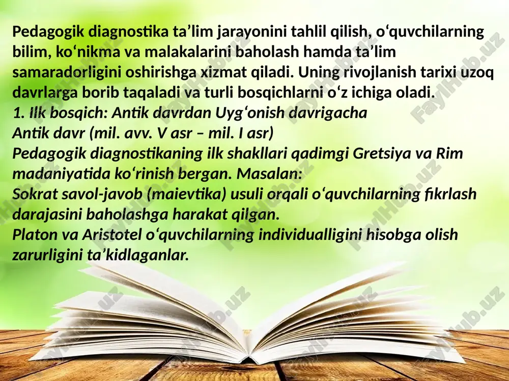 diagnostik usullar shakllana boshladi. psixologik va pedagogik diagnostikaning rivojlanishi alfred binet (1905) – birinchi intellekt testini ishlab chiqdi, bu keyinchalik iq testlarining asosini yaratdi. benjamin bloom (1956) – ta’lim maqsadlarini tizimlashtirib, “bloom taksonomiyasi” ni ishlab chiqdi, bu diagnostika va baholashda muhim omil bo‘ldi. standartlashtirilgan testlarning joriy etilishi: xx asr o‘rtalaridan boshlab ta’limda diagnostika va baholash tizimi yanada rivojlandi: aqsh va yevropada standartlashtirilgan testlar keng qo‘llanila boshlandi. sovet pedagogikasi lev vygotskiy va aleksey leontyev tomonidan ishlab chiqilgan shaxsiy rivojlanish va o‘quv jarayonini baholash tamoyillariga asoslandi. bu davrga kelib, baholash nafaqat bilimni tekshirish, balki shaxsiy rivojlanishni kuzatishga ham qaratilgan edi. pedagogik diagnostika ta’lim jarayonini tahlil qilish, o‘quvchilarning bilim, ko‘nikma va malakalarini baholash hamda ta’lim samaradorligini oshirishga xizmat qiladi. uning rivojlanish tarixi uzoq davrlarga borib taqaladi va turli bosqichlarni o‘z ichiga oladi. 1. ilk bosqich: antik davrdan uyg‘onish davrigacha antik davr (mil. avv. v asr – mil. i asr) pedagogik diagnostikaning ilk shakllari …