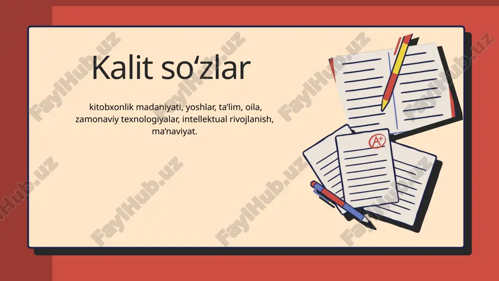 ki raqamli kutubxonalar yaratish yoshlar orasida kitobxonlikka bo‘lgan qiziqishni oshiradi. jamiyatda kitobxonlik madaniyatini rivojlantirish uchun turli aksiyalar va ijtimoiy loyihalarni amalga oshirish zarur. “bir oila – bir kitob”, “kitob sovg‘a qil” kabi loyihalar aholining barcha qatlamlarini qamrab olib, kitobxonlikni targ‘ib qilishning samarali usullaridan biridir. shuningdek, ommaviy axborot vositalari orqali kitobxonlikning ahamiyati haqida muntazam ravishda eslatib turish ham dolzarbdir. yoshlar orasida kitobxonlik madaniyatini shakllantirish uchun oiladan boshlab jamiyatgacha bo‘lgan barcha darajadagi sa‘y- harakatlarni birlashtirish lozim. kitob o‘qish odati nafaqat shaxsiy intellektual rivojlanishni ta’minlaydi, balki jamiyatning ma’naviy darajasini ham oshiradi. shu sababli har bir inson, oila va tashkilot kitobxonlikni rivojlantirishga o‘z hissasini qo‘shishi zarur. faqat shunda biz yoshlarda bilimga bo‘lgan ishtiyoqni oshirib, ulardan yetuk shaxslar yetishtira olamiz. xulosa foydalanilgan adabiyotlar hikmatovna, m. n. (2023). goals and tasks of education. american journal of public diplomacy and international studies (2993-2157), 1(9), 360-362. hikmatovna, m. n. (2023). boshlang'ich sinflarda texnologiya fanini o'qitish jarayonida qo’llaniladigan metod …