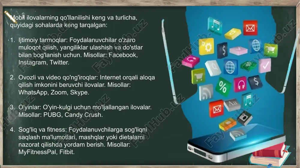 angan va barqaror oʻsib bormoqda. statista prognozlariga koʻra, 2020-yilda mobil ilovalar sanoatining yillik yalpi daromadi $189 milliarddan oshadi. mobil ilovalar yaratish uchun axborot texnologiyalaridan foydalanish mumkin. e’tiboringiz uchun rahmat slide 1 slide 2 slide 3 slide 4 slide 5 slide 6 slide 7 slide 8 slide 9