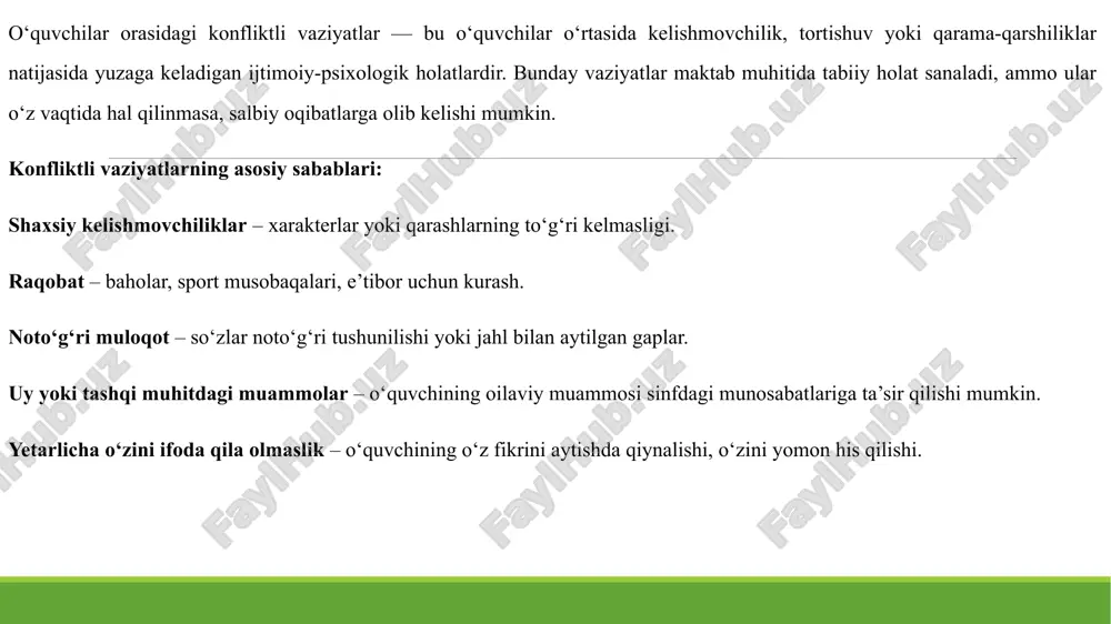 vaziyatlarda ota-onalar bilan bog‘lanish psixologik testlar, suhbatlar o‘tkazish ota-onalarni konfliktni hal qilishda faollashtirish konflikt tushunchasining nazariy asoslari konflikt — bu ikki yoki undan ortiq tomonlarning manfaatlari, fikr va qarashlari to‘qnashuvi bilan bog‘liq bo‘lgan ijtimoiy-psixologik jarayondir. psixologiyada konfliktlar qarama-qarshi ehtiyojlar, baholash mezonlari, maqsadlar, axloqiy me’yorlar asosida yuzaga keladi. konfliktga oid asosiy nazariyalar: z. freyd – konfliktlarni ichki psixologik to‘qnashuvlar bilan izohlaydi. k. levin – shaxsning ichki va tashqi motivlari o‘rtasidagi ziddiyat asosida. t. parsons va r. dahrendorf – ijtimoiy rollar va ijtimoiy tengsizlikka urg‘u beradi. e. berne – “men holatlari” orqali (bola, ota, kattalar) ijtimoiy munosabatlarni tahlil qiladi. o‘quvchilar orasidagi konfliktlarning sotsial-psixologik sabablari ichki sabablar: psixologik holatning noturg‘unligi (o‘smirlik davri o‘zgarishlari) o‘ziga ishonchsizlik, kompleksslar agressivlik yoki passivlik emotsional intellektning past darajasi e’tiboringiz uchun raxmat image1.jpeg image2.jpeg image3.jpeg image4.jpeg image5.jpeg /docprops/thumbnail.jpeg