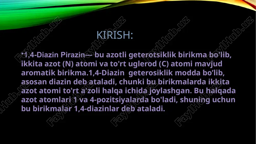 inlar reaksiyaga kirishadi. bu sintez jarayoni 1,4-diazin strukturasini hosil qilishda ishlatiladi. sintez usullari:aminosiklizatsiya aminosiklizatsiya (amin halqasini hosil qilish) bu sintezda ikki aminli birikmalar birlashib, halqa tizimini hosil qiladi. aminosiklizatsiya orqali 1,4-diazin halqasining o'zgarishini olish mumkin. reaktsiya: birikmalar kondensatsiya yoki reaksiyaga kirishib, halqa tizimi (1,4-diazin) hosil qiladi. ko'pincha ishlatiladigan reagentlar: aminlar va xlorli halogenli birikmalar. 1,4-diazinlarning qo'llanilishi: • 1. farmatsevtika va tibbiyot pirazin va uning hosilalari ko‘plab dori vositalarining tarkibiy qismi bo‘lib, ularga antibakterial, antifungal, antivirus va yallig‘lanishga qarshi xususiyatlar xos. muhim dori vositalari: • • pirazinamid – sil kasalligiga qarshi dori. • • fenazopiridin – siydik yo‘llari infeksiyalarida og‘riq qoldiruvchi vosita. • • siprofloksatsin – antibiotik (fluorxinolonlar guruhi). • • dabigatran – trombozga qarshi (antikoagulyant). • • imatinib – saraton kasalligiga qarshi dori (leykemiya davolashda ishlatiladi). • pirazin hosilalarining dorivor xususiyatlari ularga biofaollik, hidrofillik va metabolik barqarorlik kabi xususiyatlar berish orqali yaxshilanadi. • . 2. qishloq xo‘jaligi va agrokimyo • …