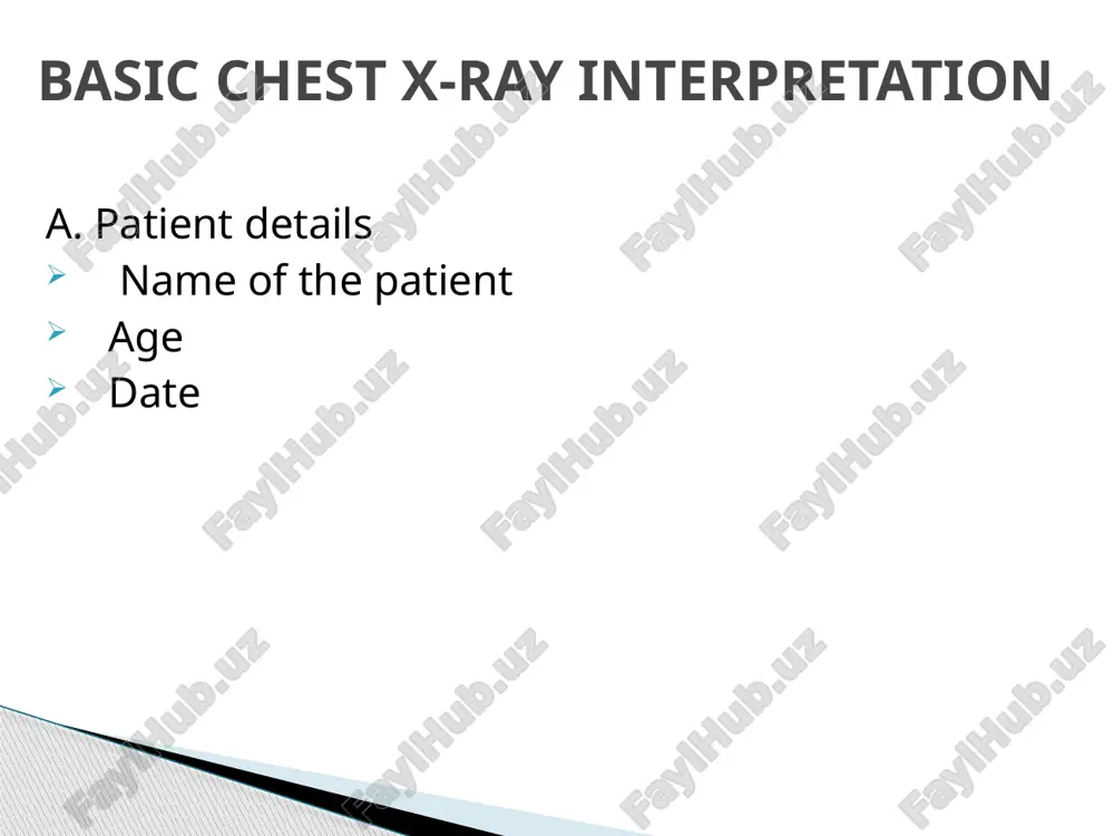 accumulating in the pleural spaces. • lung markings should reach the thoracic wall 5. costophrenic angle and recess • the costophrenic recesses are formed by hemidiaphragms and chest wall. • they contain the rim of the lung bases which lie over the dome of each hemidiaphragm. • these angles are known as the costophrenic angles. • costophrenic angles should form acute angles that are sharp to the point. the chest introduction basic chest x-ray interpretation slide 4 slide 5 slide 6 slide 7 slide 8 slide 9 slide 10 slide 11 slide 12 slide 13 slide 14 slide 15 slide 16 slide 17 chest x-ray anatomy slide 19 slide 20 slide 21 slide 22 slide 23 slide 24 slide 25