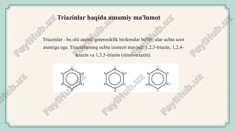 larga qarshi kurashuvchi panel. plastmassalar : triazin birikmalari, ayniqsa, fenol formaldegid polimerlari va ba'zi boshqa plastmassalar ishlab chiqarishda qo'shimcha ravishda. bu materiallar yuqori issiqlik va mustahkam mexaniklikka ega bo'lishi mum 4. kimyoviy faoliyatlari triazinlar sulfatlangan 1,3,5-triazin darajasi 5. atrof-muhitga taʼsiri 1,3,5-triazin va uning hosilalari yuqori biologik parchalanuvchanlikka ega emas, shuning uchun atrof-muhitga zarar yetkazishi mumkin. ular uzoq vaqt davom etadi 6. boshqa triazinalar bilan solishtirish 1,2,4 7. tadqiqotlar va ilmiy ishlar triazinlar, ayniqsa, katalitik jarayonlar va dori-darmon sanoatida juda tez. ular uchun ko'plab ilmiy tadqiqot olib borilmoqda, chunki bu birikmalar yangi dori yoki materiallar uchun asos bo'lishi mumkin. triazin hosilalarining qo'llanilishi: polimerlar, bo'yoqlar, dorilar triazinlar polimerlar ishlab chiqarishda monomer sifatida qo'llaniladi. triazinlar turli rangli bo'yoqlar ishlab chiqarishda qo'llaniladi triazinlar bir qator dorilar, masalan, antibakterial va antifungal dorilarni ishlab chiqarishda qo'llaniladi. triazinlar kimyosining kelajagi va istiqbollari triazinlar kimyosi doimiy rivojlanishda davom etadi va uning turli sohalarda qo'llanilishi kengayib bormoqda. triazinlar kimyosining …